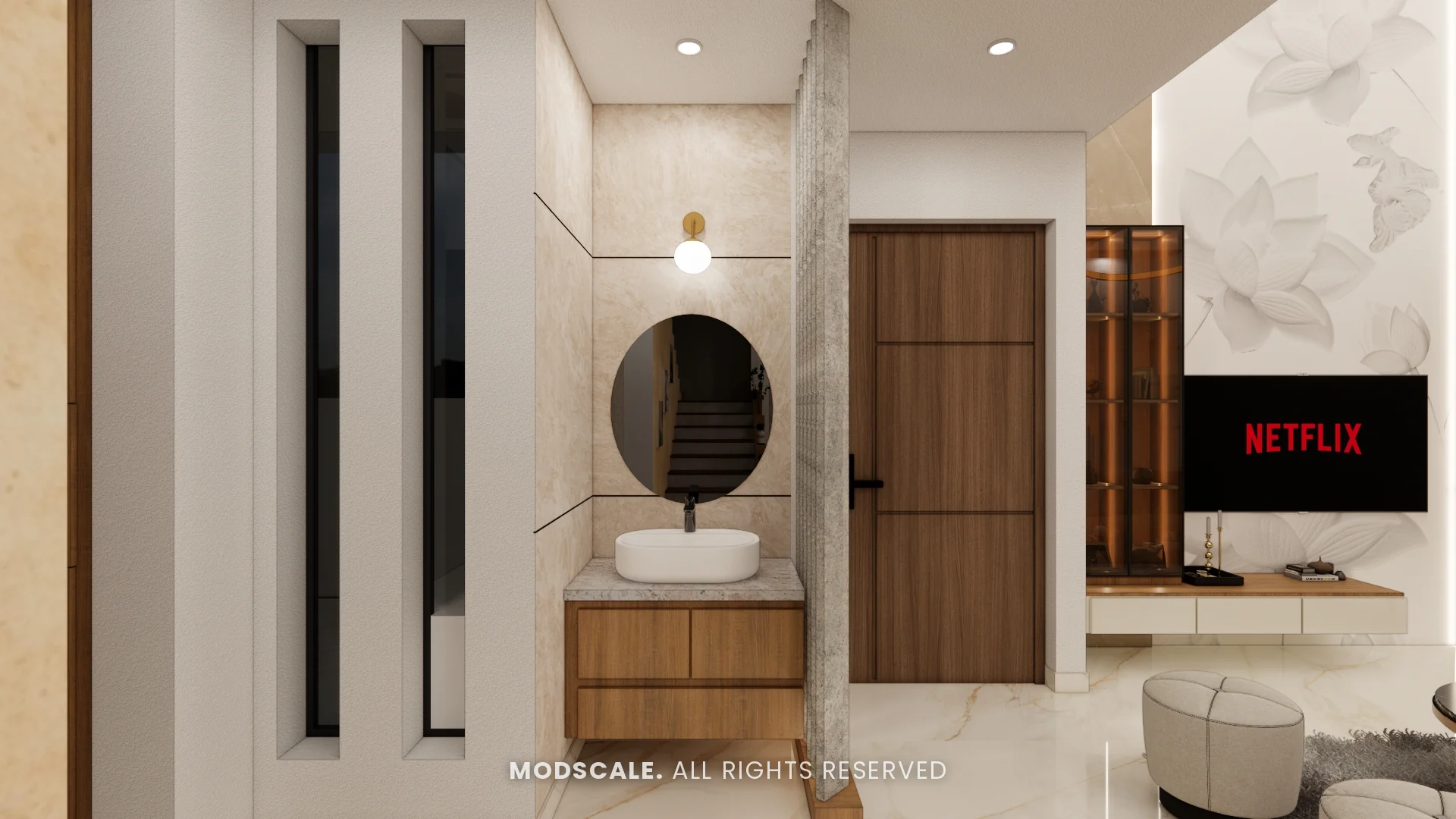Wash basin niche with round mirror and wooden vanity behind a slat partition, Annu’s villa interior at Purva Woodfield, Chandapura, Bengaluru