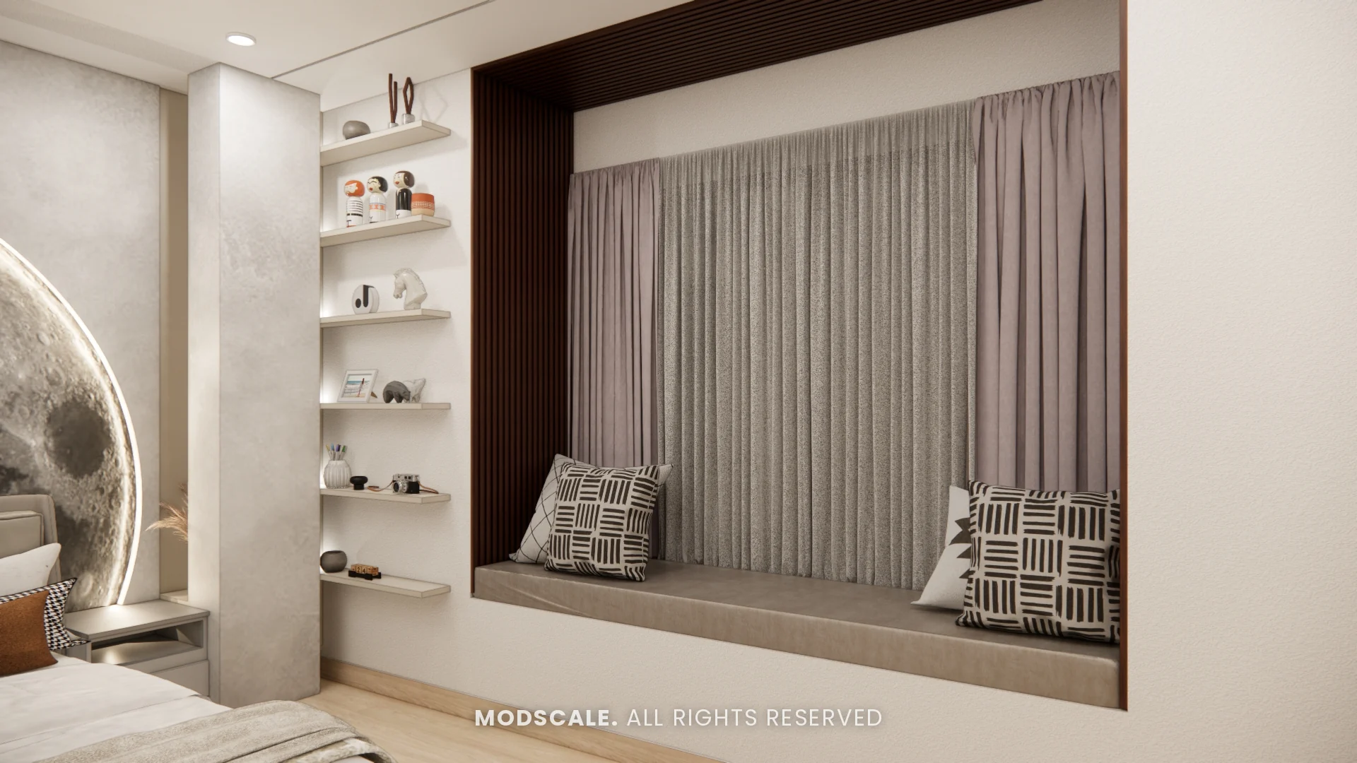 Window seat set in a dark slatted frame with floating shelves beside it, Annu’s villa interior at Purva Woodfield, Chandapura, Bengaluru