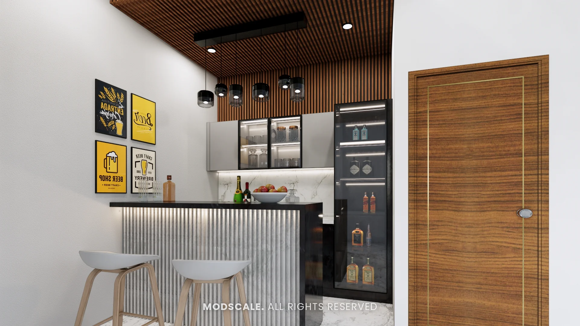 Bar counter with fluted front, wooden slat ceiling, glass display cabinets and stools, Arun Shetty’s villa interior on Kanakapura Road, Bengaluru