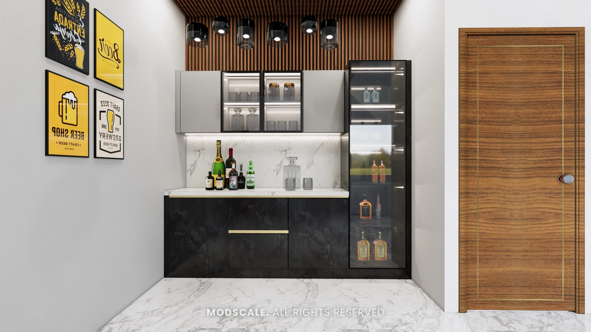 Bar back unit with black marble-finish base, lit glass cabinets and marble backsplash, Arun Shetty’s villa interior on Kanakapura Road, Bengaluru