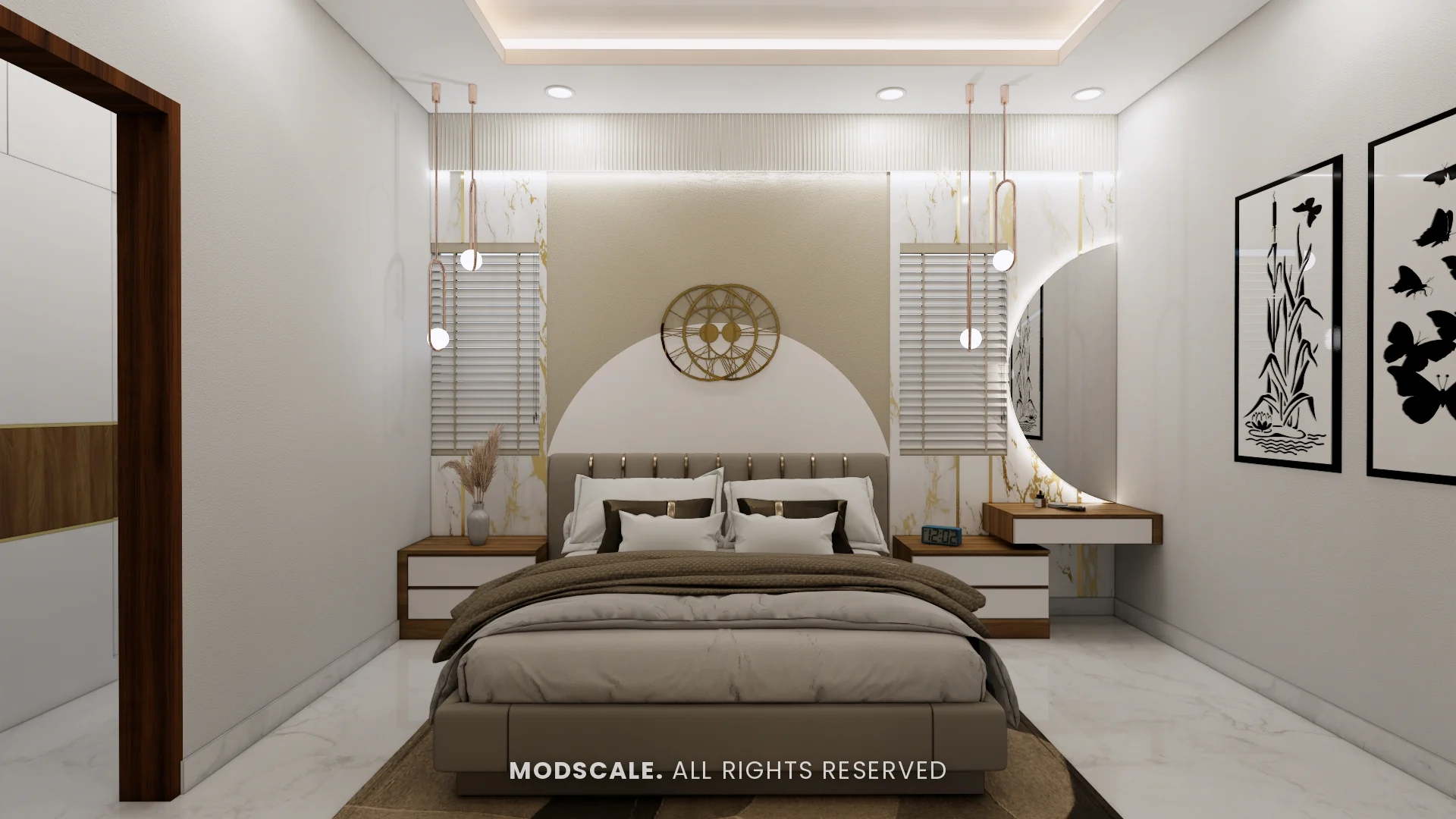 Guest bedroom with arched headboard panel, round brass motif, loop pendants and backlit crescent mirror, Arun Shetty’s villa interior on Kanakapura Road, Bengaluru