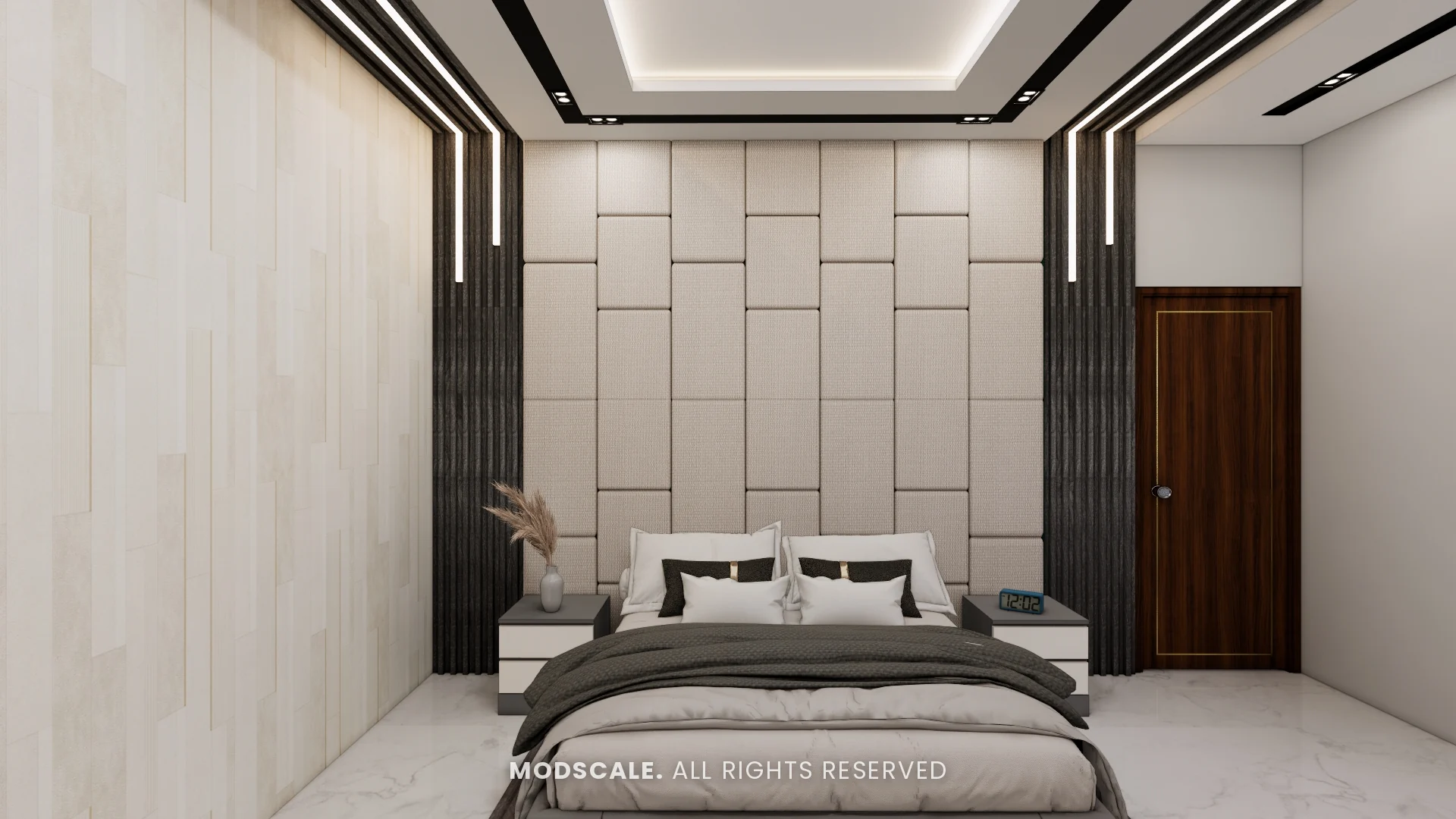 Bedroom with full-height upholstered panel wall, dark fluted side strips and linear ceiling lights, Arun Shetty’s villa interior on Kanakapura Road, Bengaluru