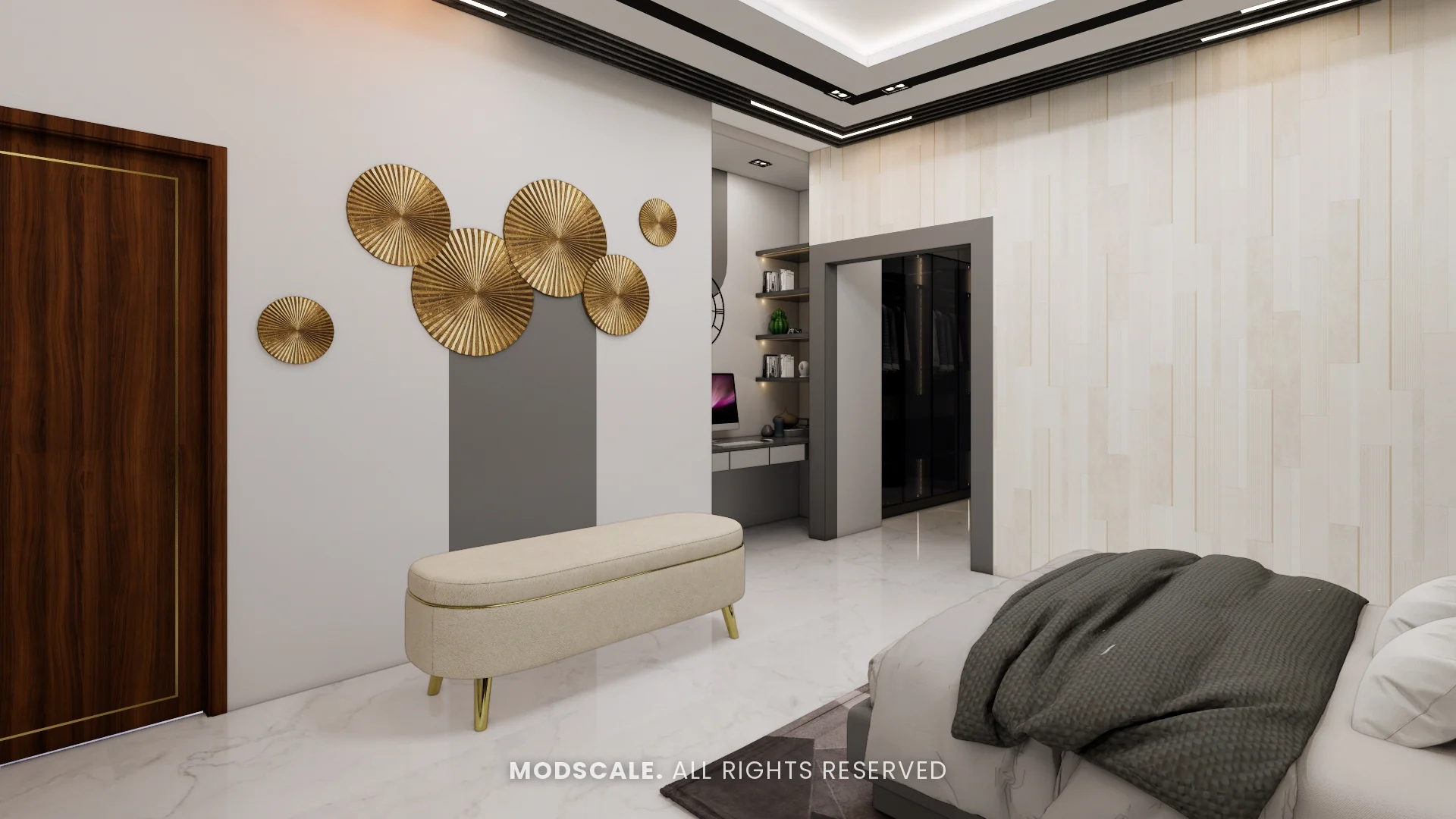 Bench under brass disc wall art, with the study and walk-in wardrobe beyond, Arun Shetty’s villa interior on Kanakapura Road, Bengaluru