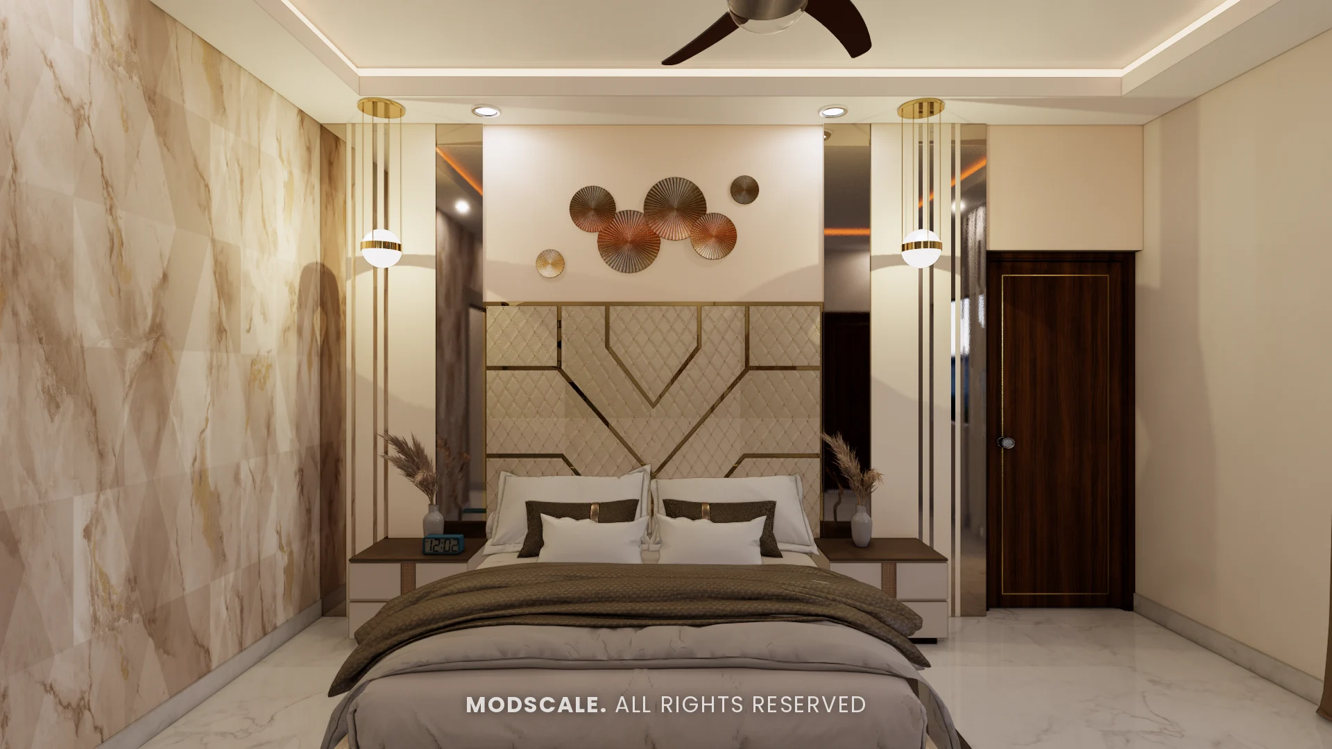 Bedroom with brass-inlaid upholstered headboard, mirrored side panels and marble-finish feature wall, Arun Shetty’s villa interior on Kanakapura Road, Bengaluru