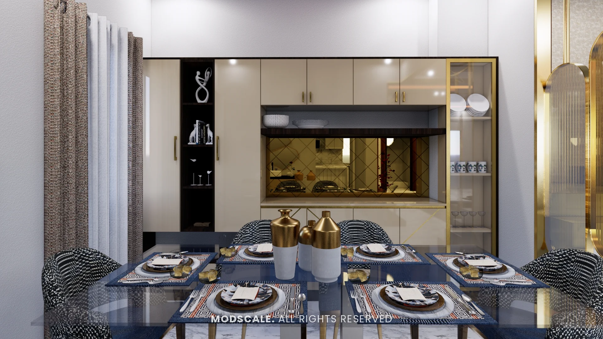 Dining table in front of a cream crockery unit with bronze mirror niche and brass-framed glass display, Arun Shetty’s villa interior on Kanakapura Road, Bengaluru