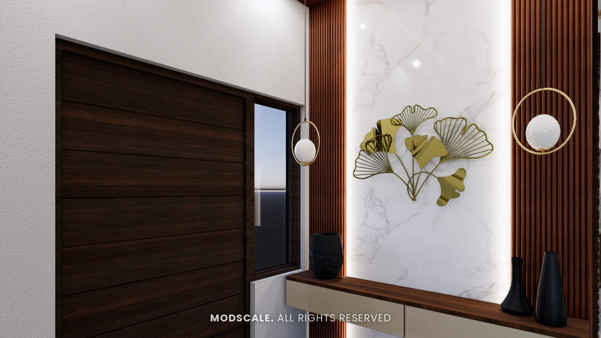 Foyer console with backlit marble panel, brass ginkgo leaf wall art and ring lights, Arun Shetty’s villa interior on Kanakapura Road, Bengaluru