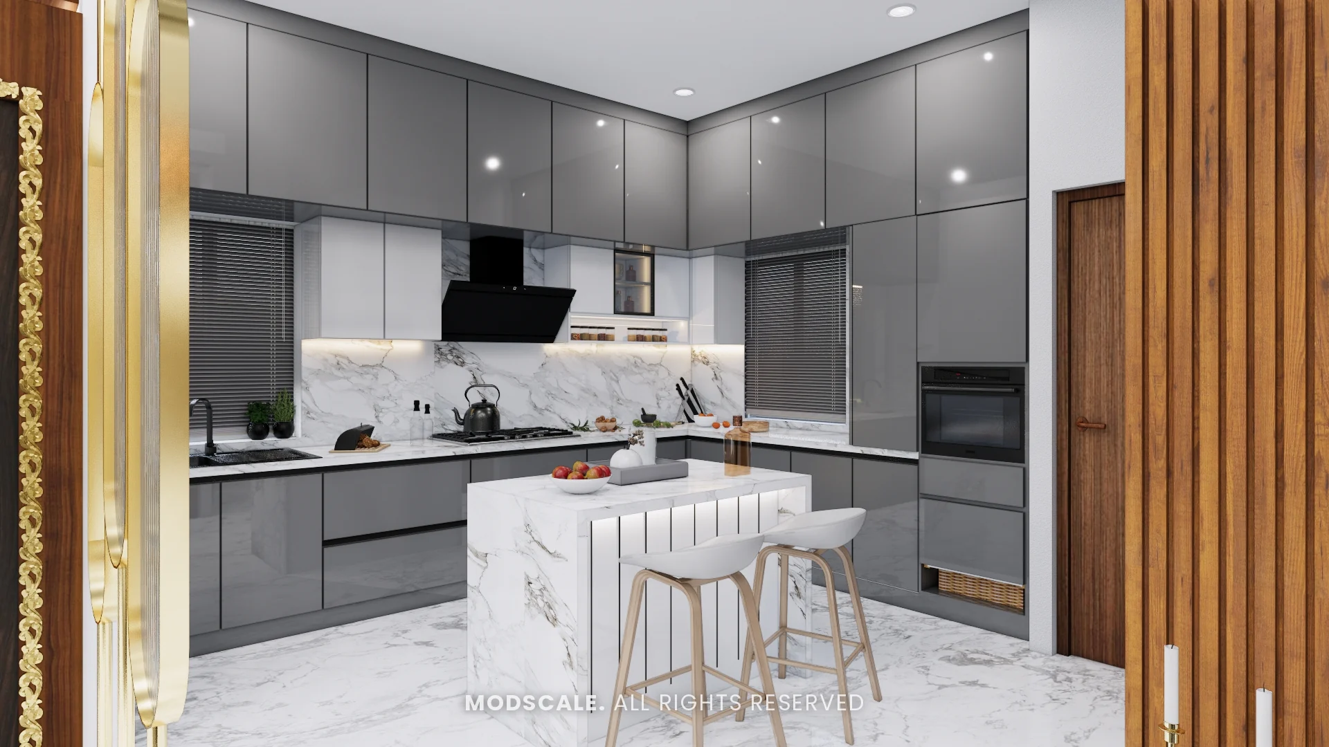 Kitchen in glossy grey with marble-finish backsplash, tall oven unit and island with breakfast seating, Arun Shetty’s villa interior on Kanakapura Road, Bengaluru