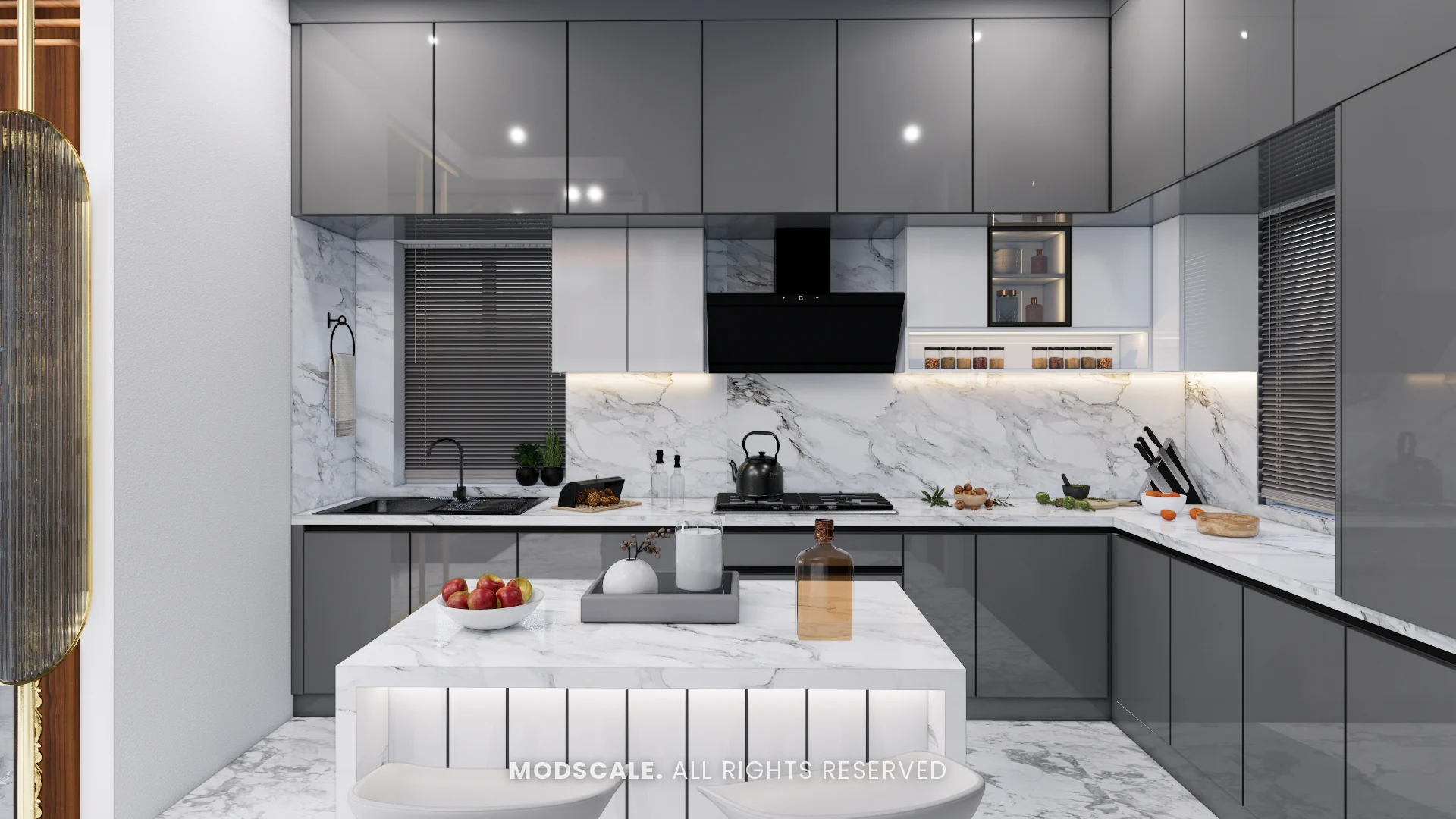 Kitchen hob wall with grey lofts to the ceiling and marble island in front, Arun Shetty’s villa interior on Kanakapura Road, Bengaluru