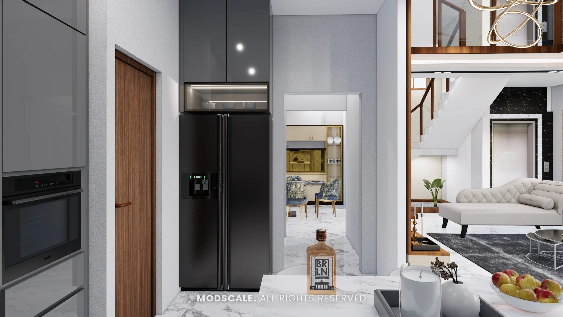 Kitchen tall units with built-in oven and refrigerator, looking through to the dining and living areas, Arun Shetty’s villa interior on Kanakapura Road, Bengaluru
