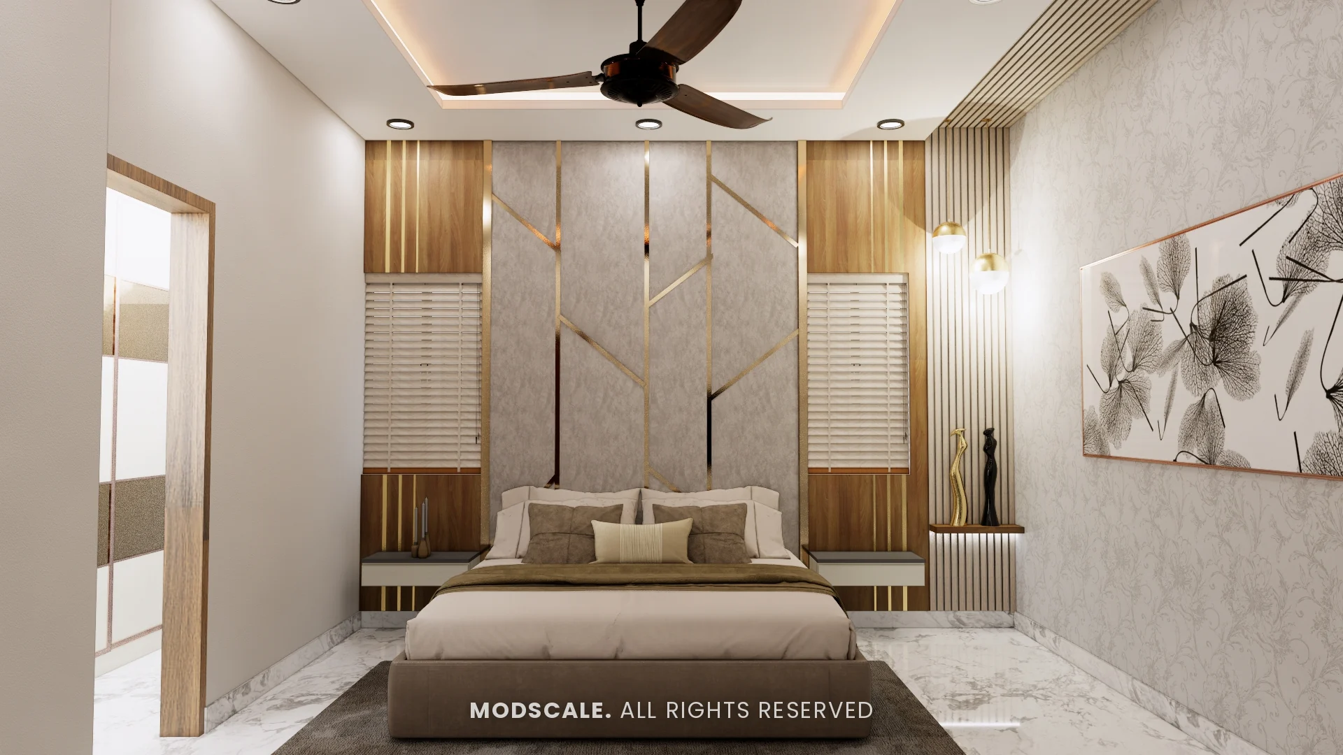 Master bedroom with brass branch inlay on a textured headboard wall, walnut side panels and floral artwork, Arun Shetty’s villa interior on Kanakapura Road, Bengaluru