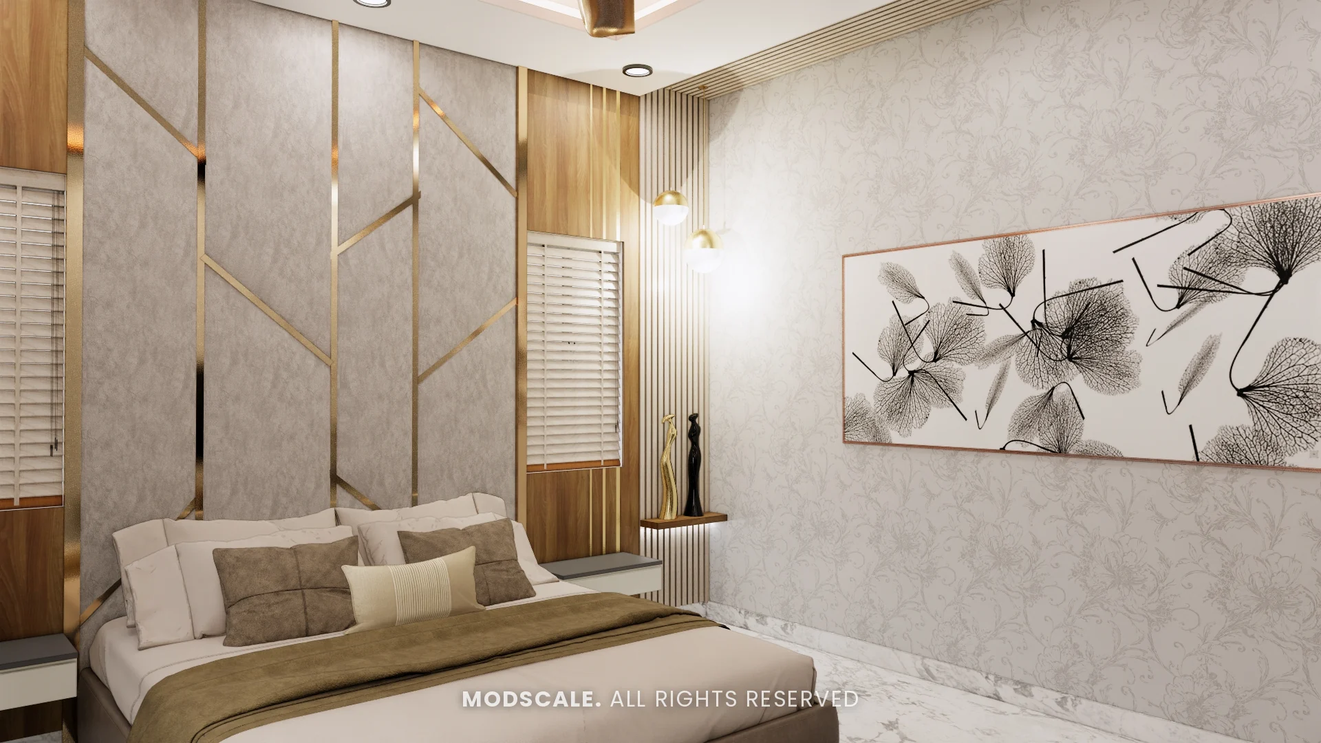 Master bedroom headboard wall with brass inlay lines and globe wall lights, Arun Shetty’s villa interior on Kanakapura Road, Bengaluru