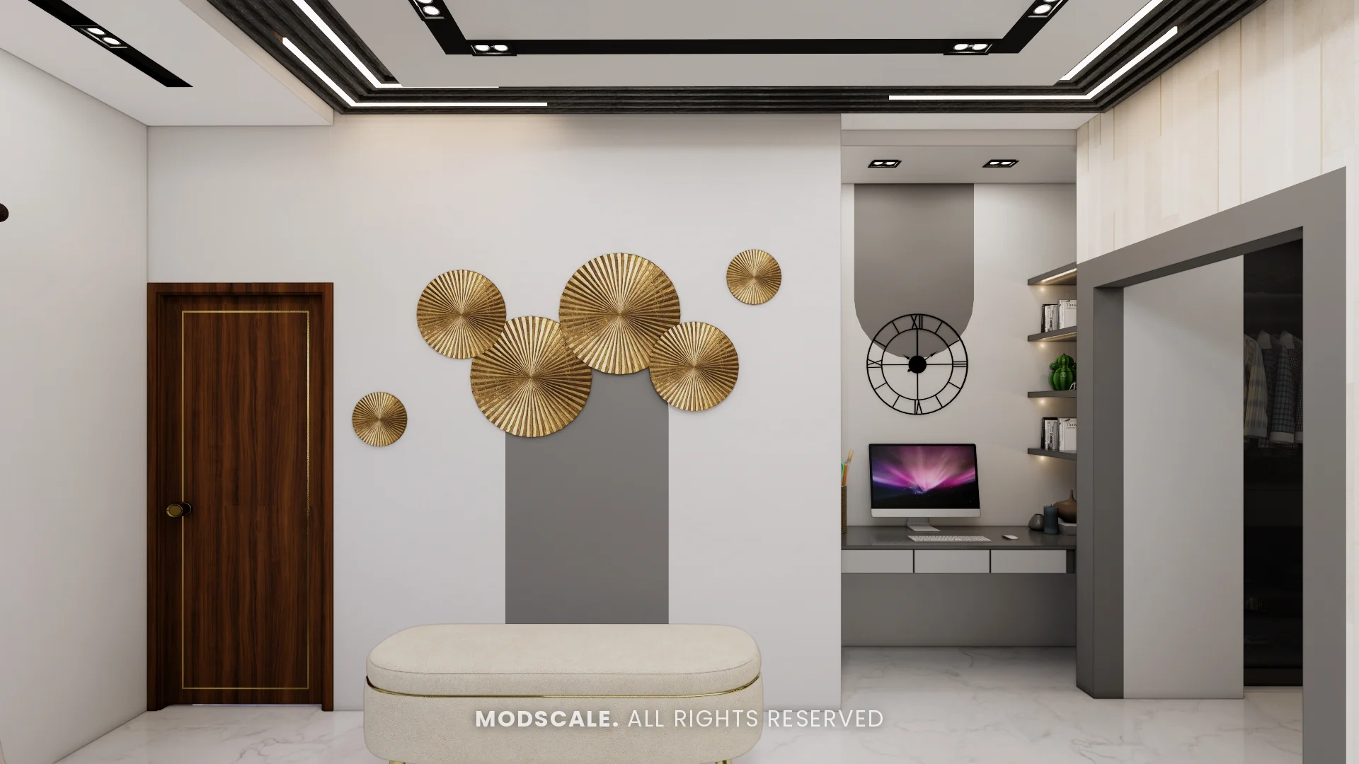 Study nook with floating desk and shelves beside the walk-in wardrobe entrance, with brass disc wall art, Arun Shetty’s villa interior on Kanakapura Road, Bengaluru