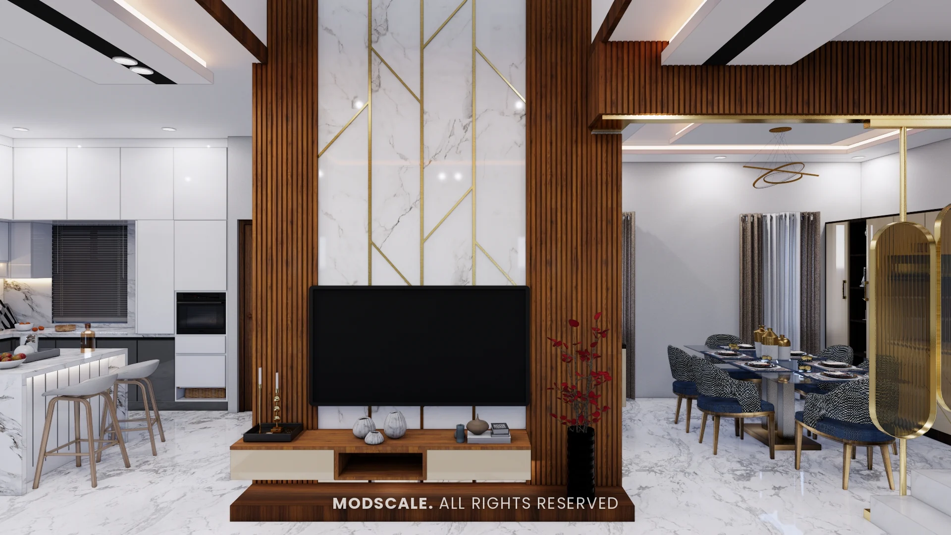 TV wall with white marble finish, brass inlay lines and walnut fluted sides, with kitchen and dining on either side, Arun Shetty’s villa interior on Kanakapura Road, Bengaluru