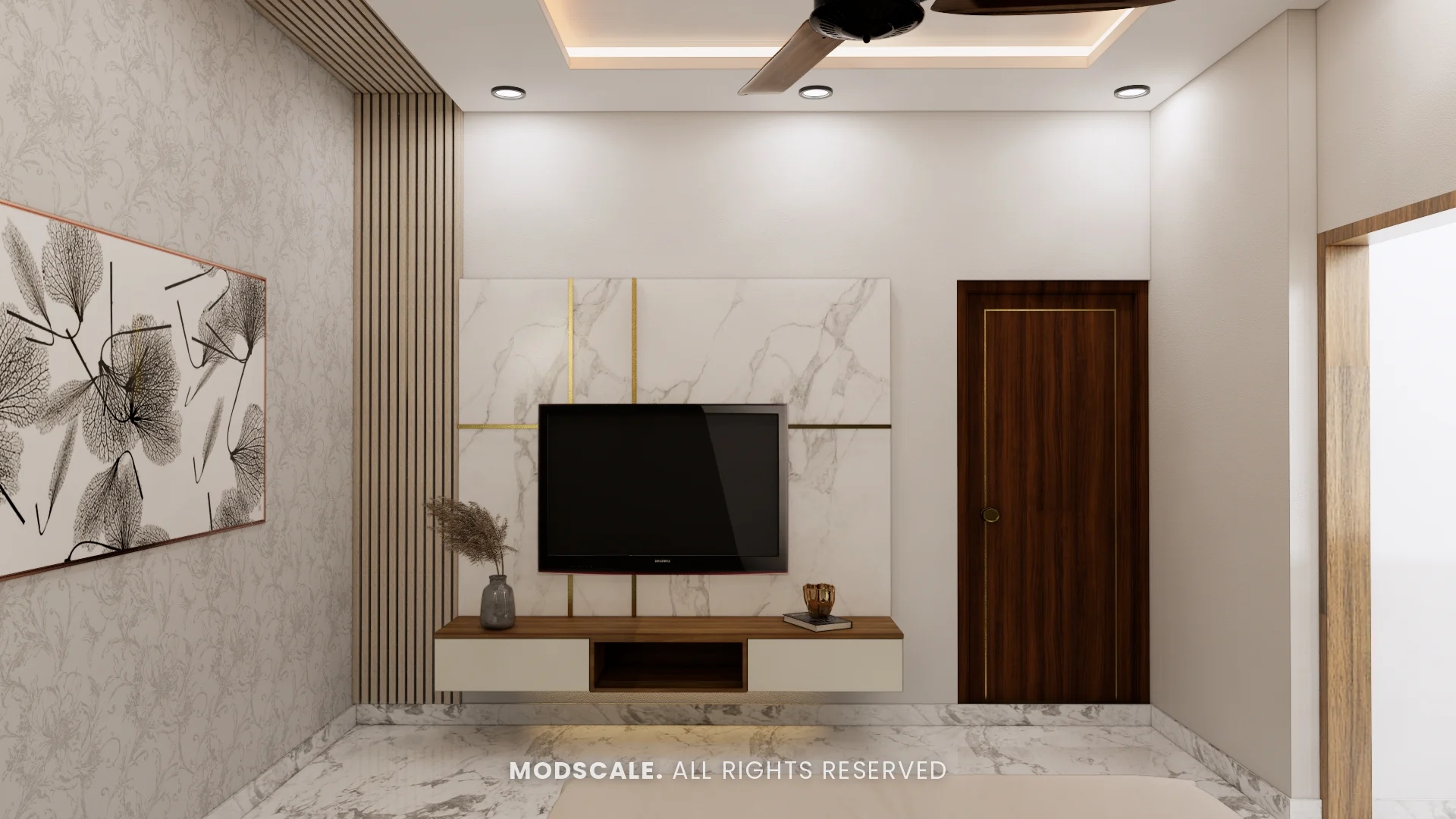 Master bedroom TV unit in marble finish with brass lines and floating walnut ledge, Arun Shetty’s villa interior on Kanakapura Road, Bengaluru