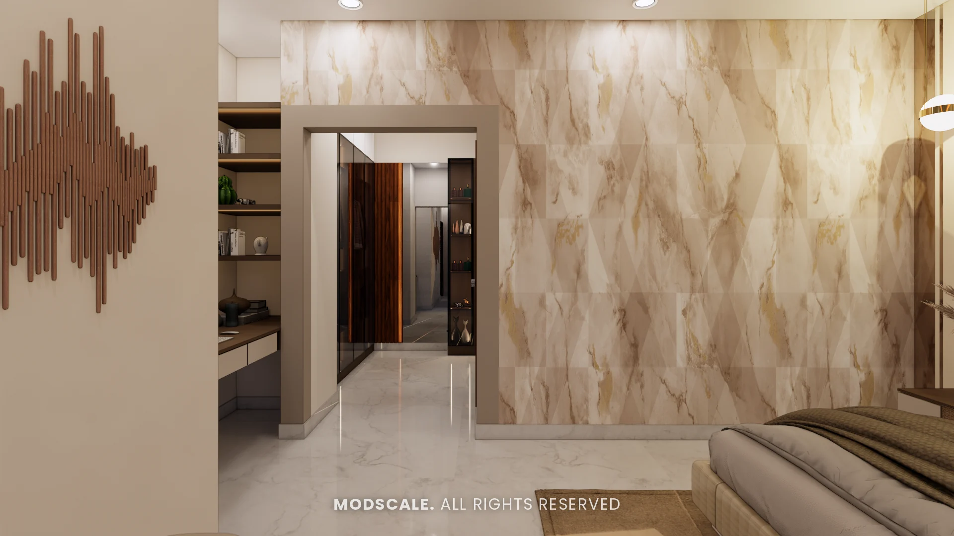 Walk-in wardrobe entrance set in a marble-finish wall, Arun Shetty’s villa interior on Kanakapura Road, Bengaluru