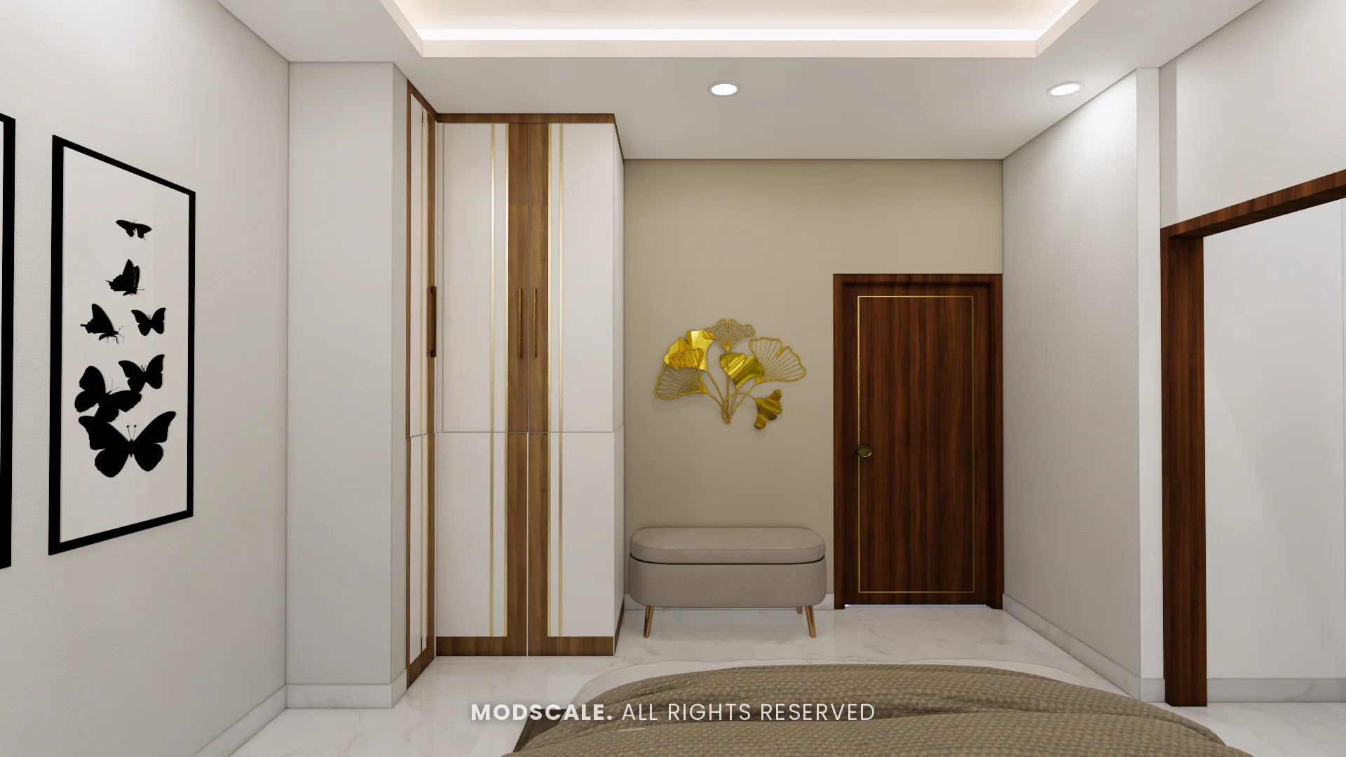 White and walnut wardrobe with brass lines, beside a bench and brass leaf wall art, Arun Shetty’s villa interior on Kanakapura Road, Bengaluru