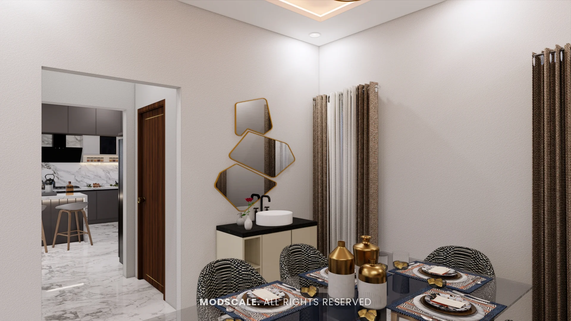 Wash basin unit with cluster of brass-framed mirrors beside the dining table, Arun Shetty’s villa interior on Kanakapura Road, Bengaluru