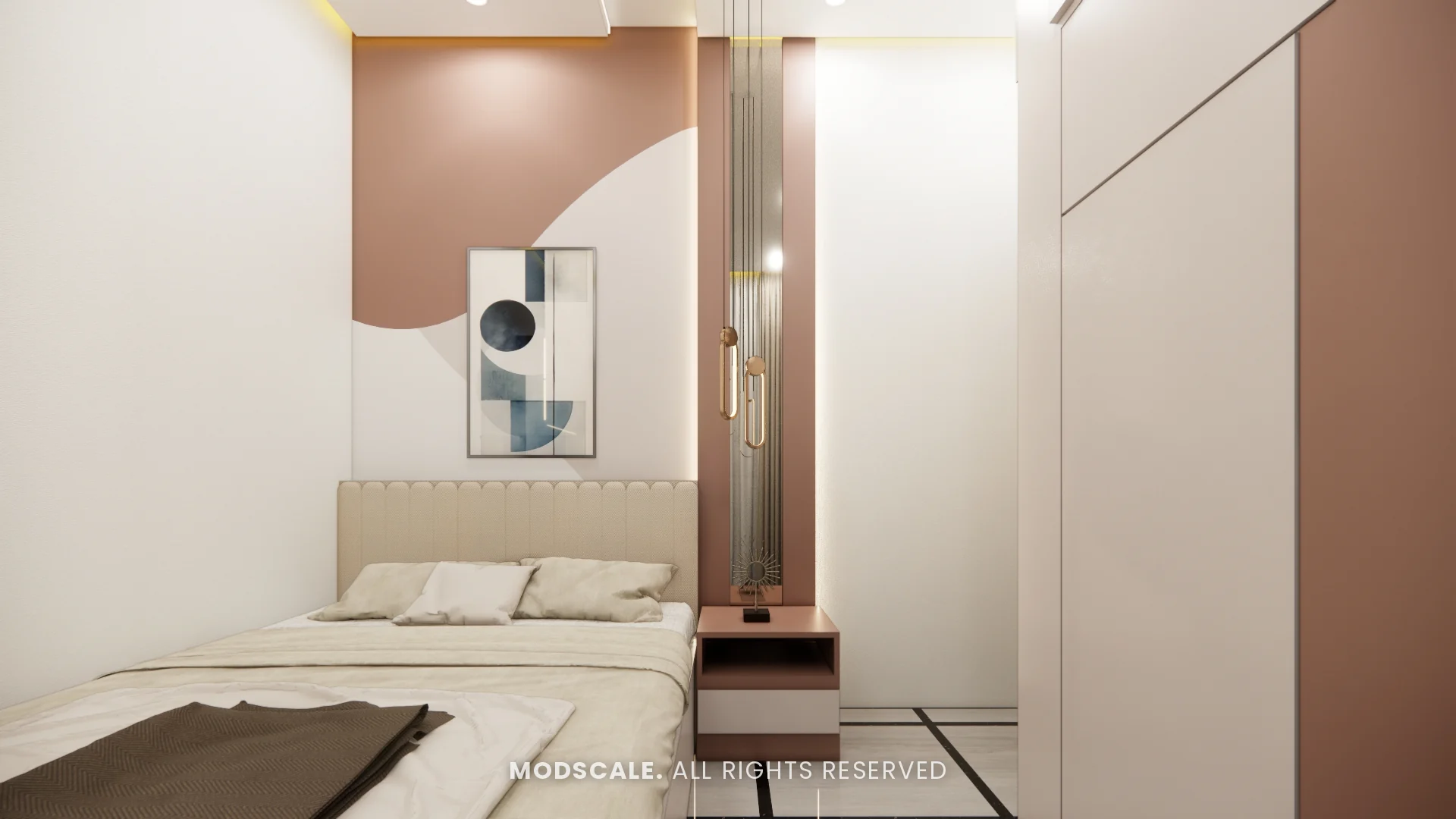 Bedroom with curved terracotta-pink wall paint, cream headboard and brass pendant, Bhaskar’s villa interior in JP Nagar, Bengaluru