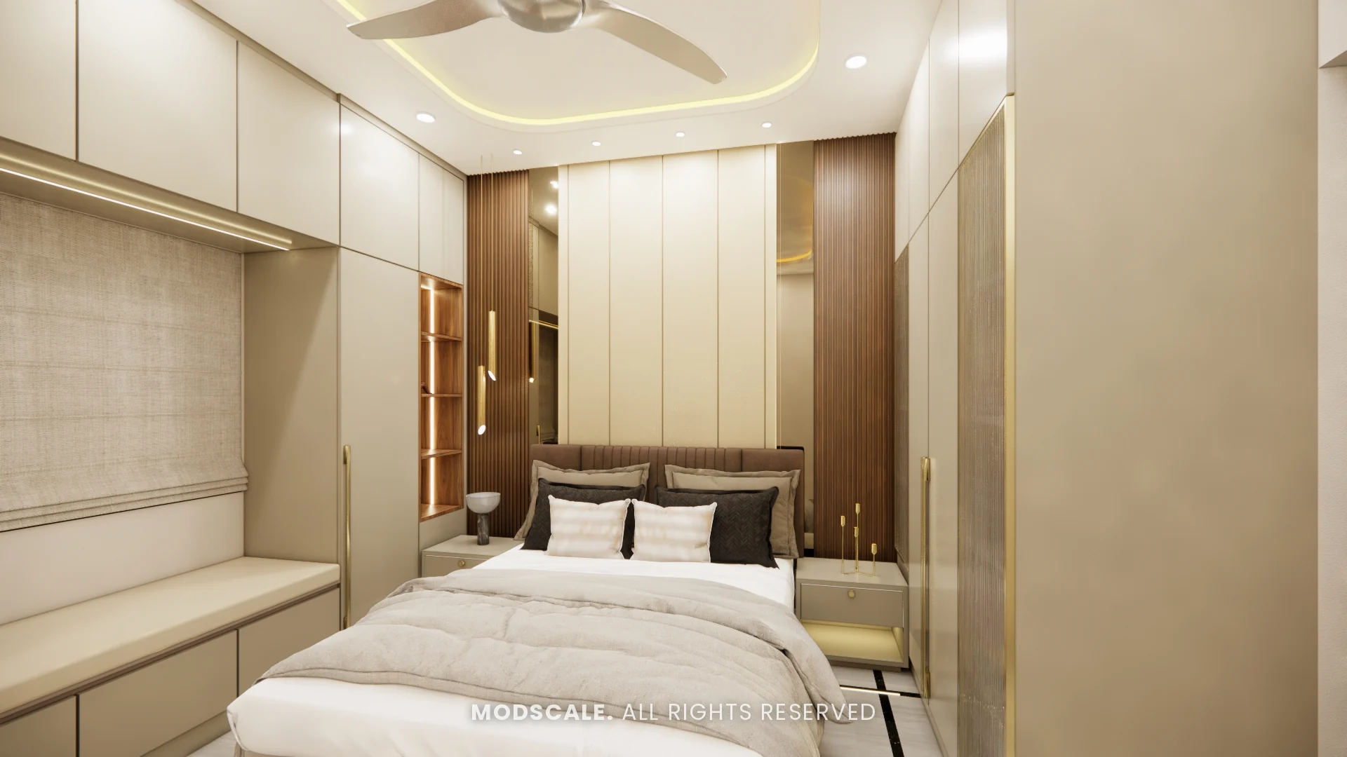 Bedroom with panelled headboard wall, fluted wood panel and window seat with storage, Bhaskar’s villa interior in JP Nagar, Bengaluru