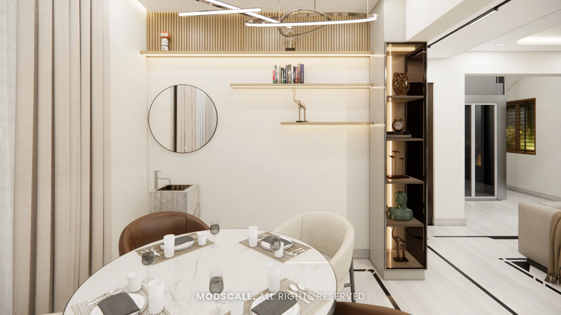 Round marble dining table with slatted wall panel, floating shelves and round mirror, Bhaskar’s villa interior in JP Nagar, Bengaluru