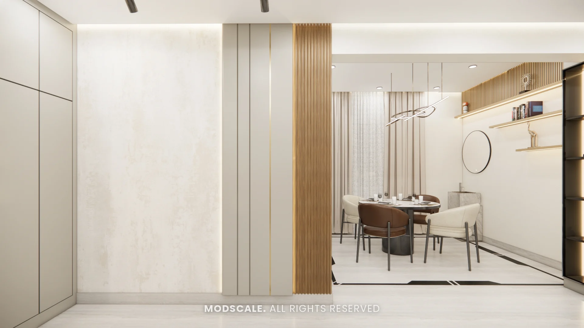 Dining area with tan and cream chairs, ring pendant light and stone wash basin, Bhaskar’s villa interior in JP Nagar, Bengaluru