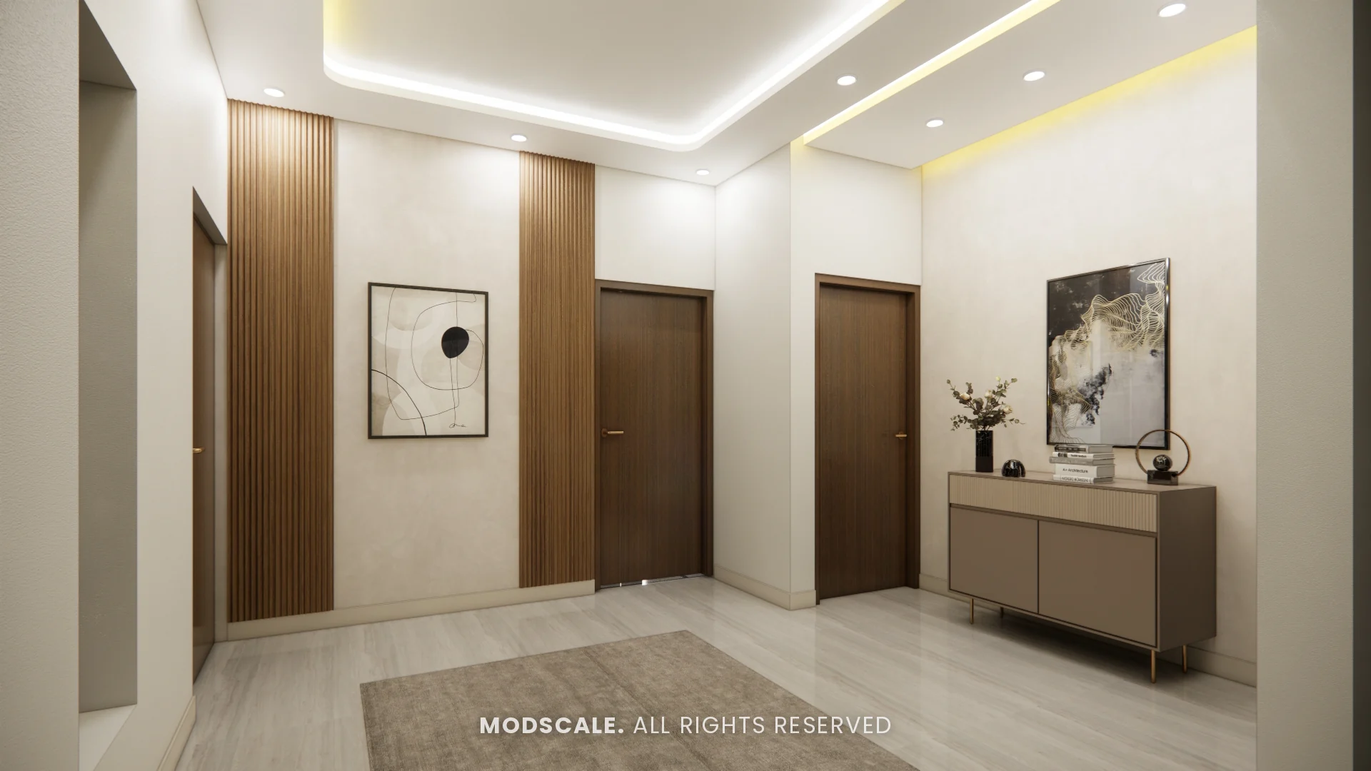 First-floor family area with fluted wood panels, console unit and cove-lit ceiling, Bhaskar’s villa interior in JP Nagar, Bengaluru
