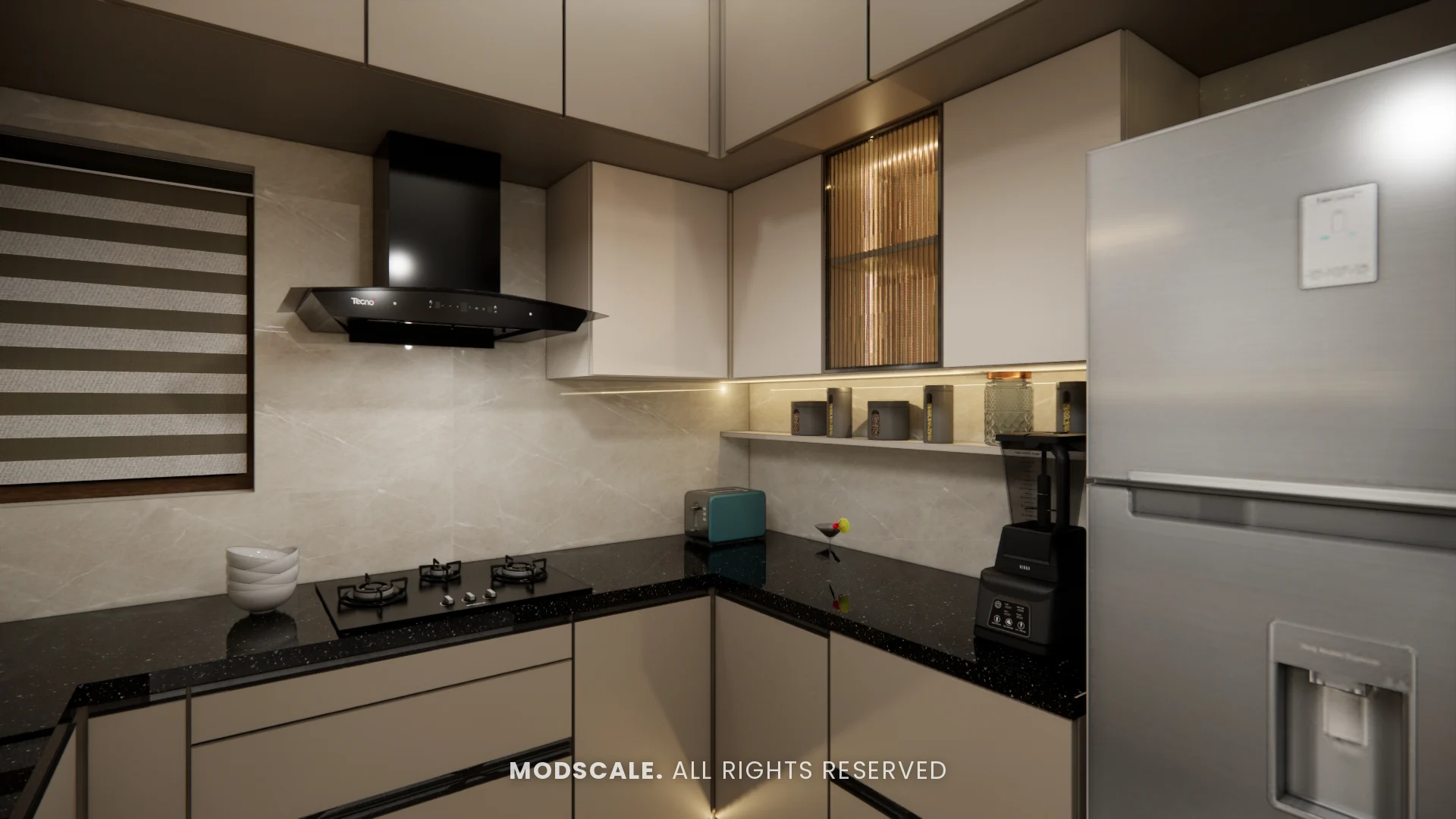 Kitchen hob and chimney with marble-look backsplash, lit shelf and fluted glass shutter, Bhaskar’s villa interior in JP Nagar, Bengaluru