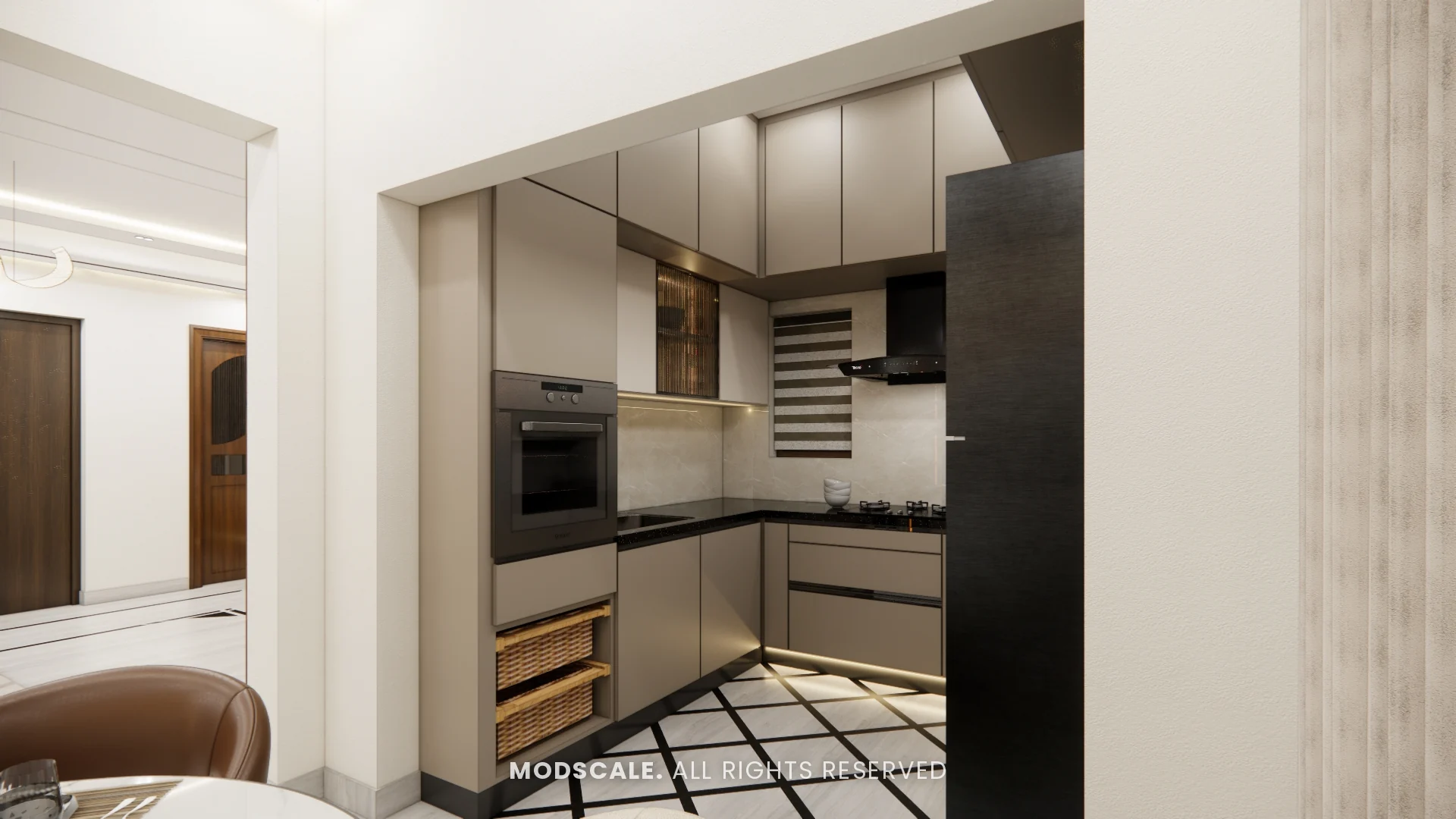 Kitchen seen from the dining area with tall oven unit and wicker baskets, Bhaskar’s villa interior in JP Nagar, Bengaluru