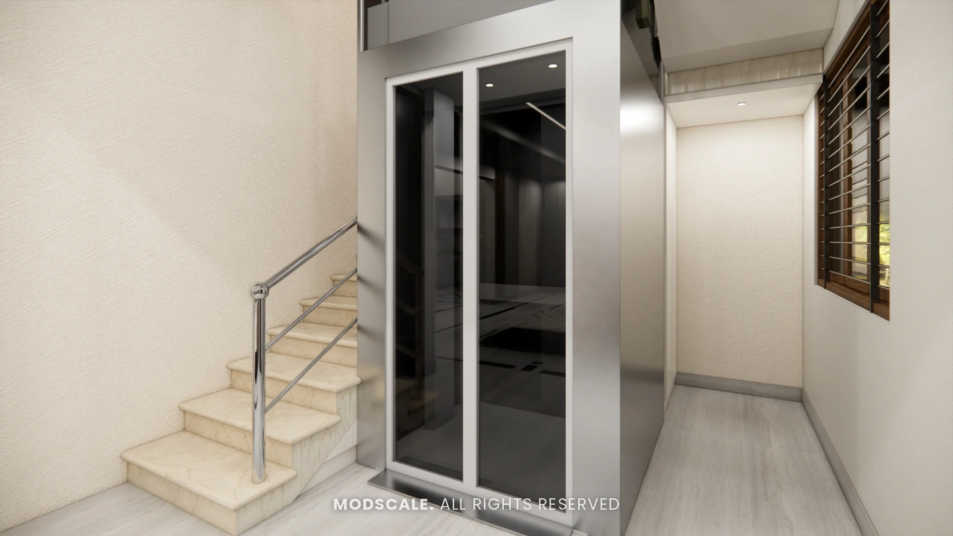 Glass-door home lift at the foot of the staircase, Bhaskar’s villa interior in JP Nagar, Bengaluru
