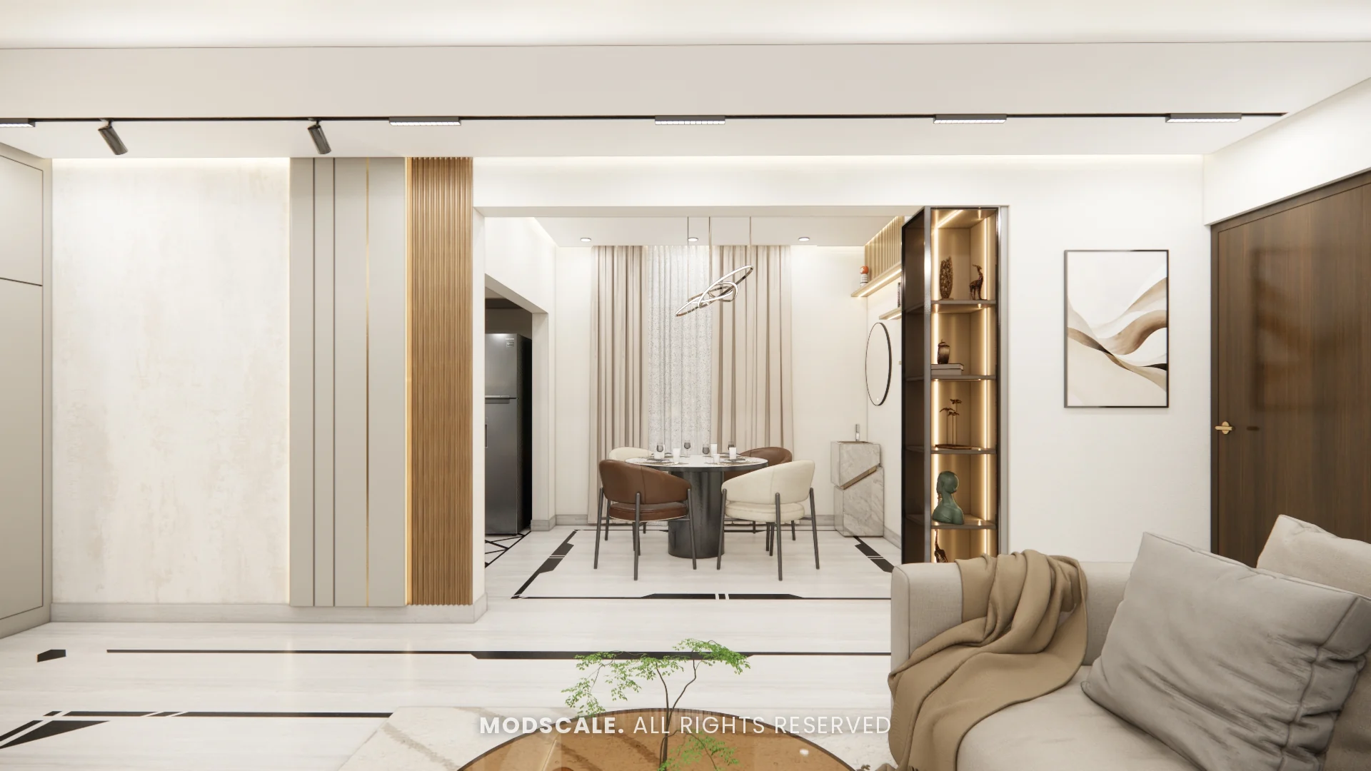 View from the living room to the dining area past panelled walls and a fluted wood column, Bhaskar’s villa interior in JP Nagar, Bengaluru