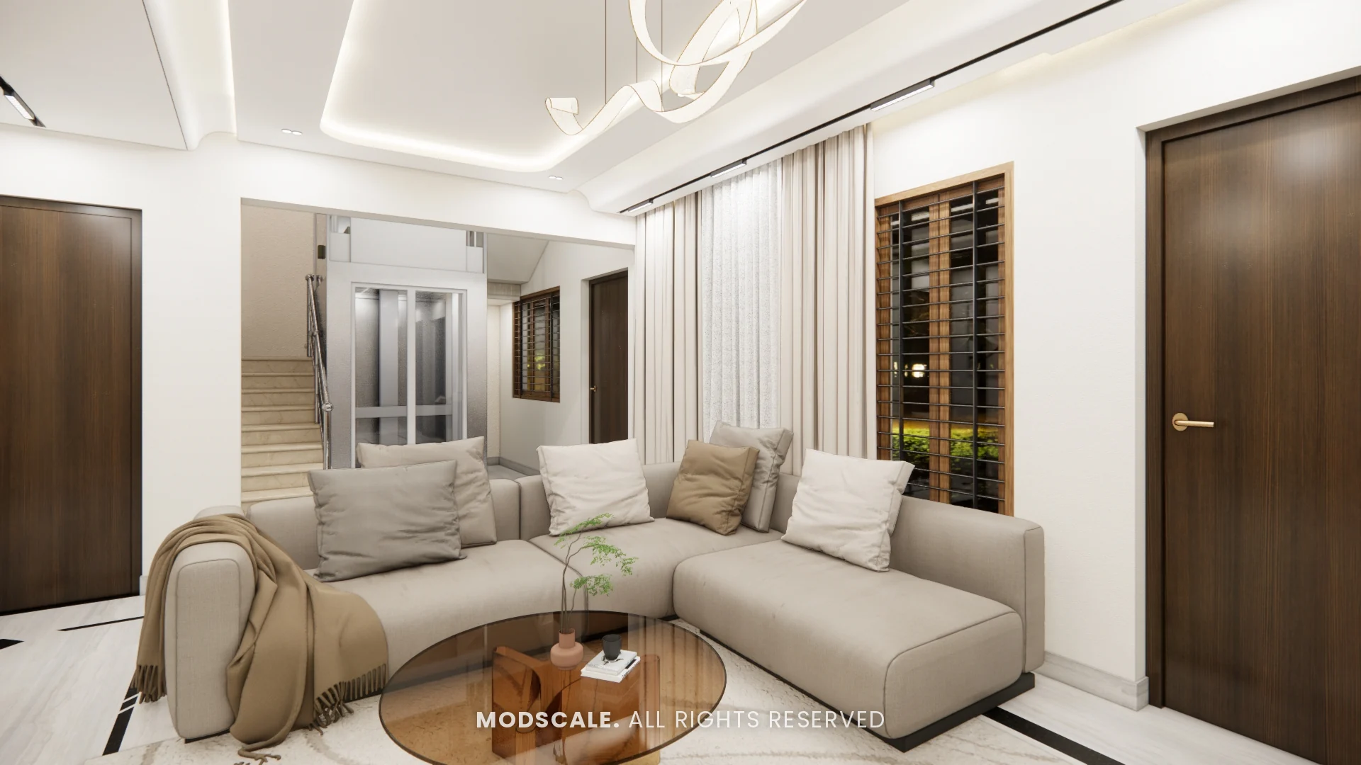 Living room sectional sofa with sheer curtains and sculptural ceiling light, Bhaskar’s villa interior in JP Nagar, Bengaluru