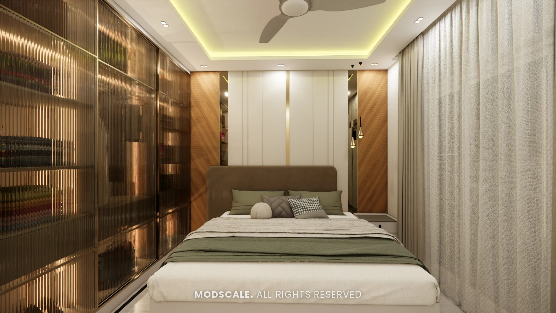 Master bedroom with panelled headboard wall, cove-lit ceiling and fluted glass wardrobe, Bhaskar’s villa interior in JP Nagar, Bengaluru