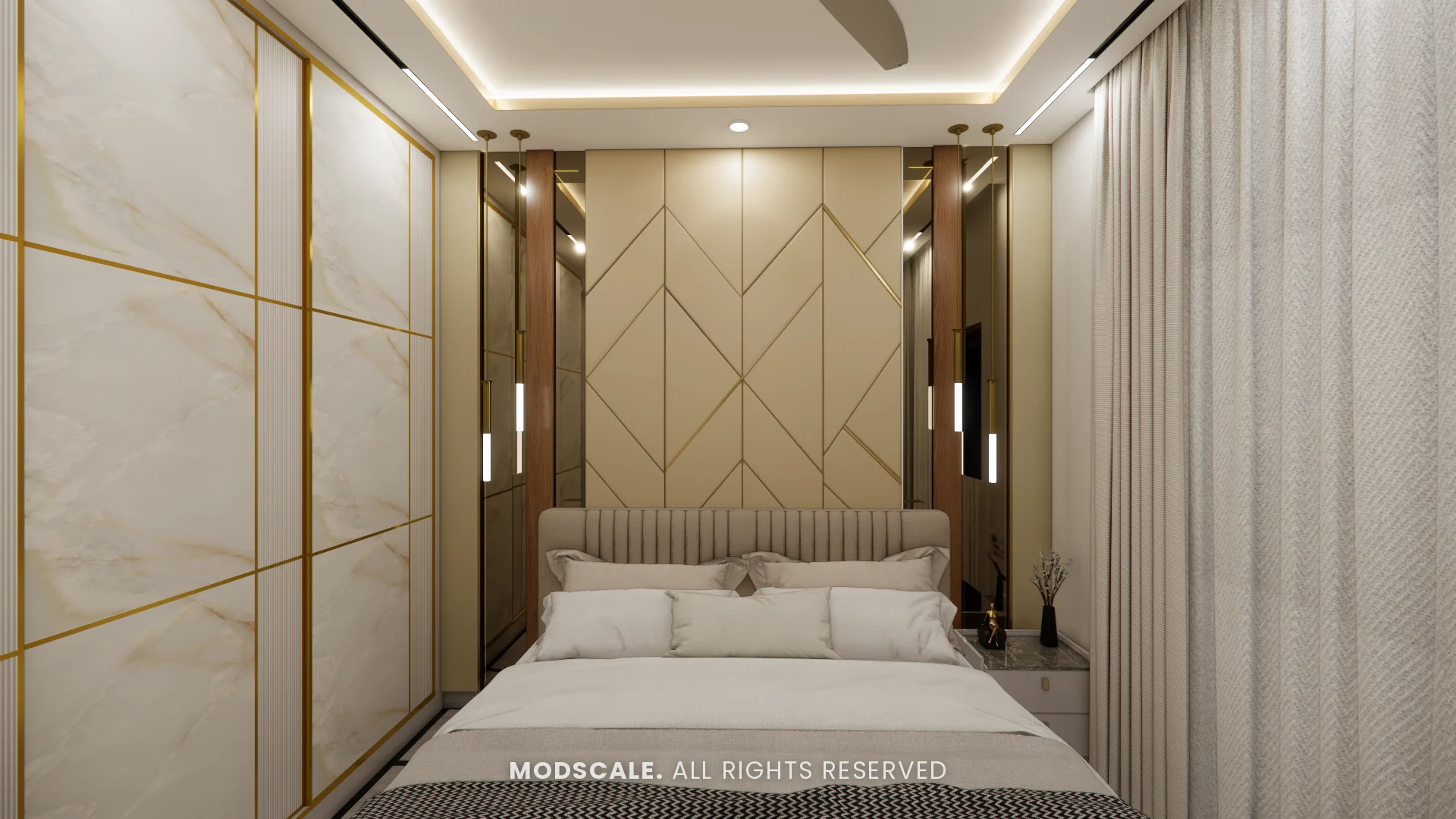 Master bedroom with chevron-panelled headboard wall, pendant lights and marble-finish sliding wardrobe, Bhaskar’s villa interior in JP Nagar, Bengaluru