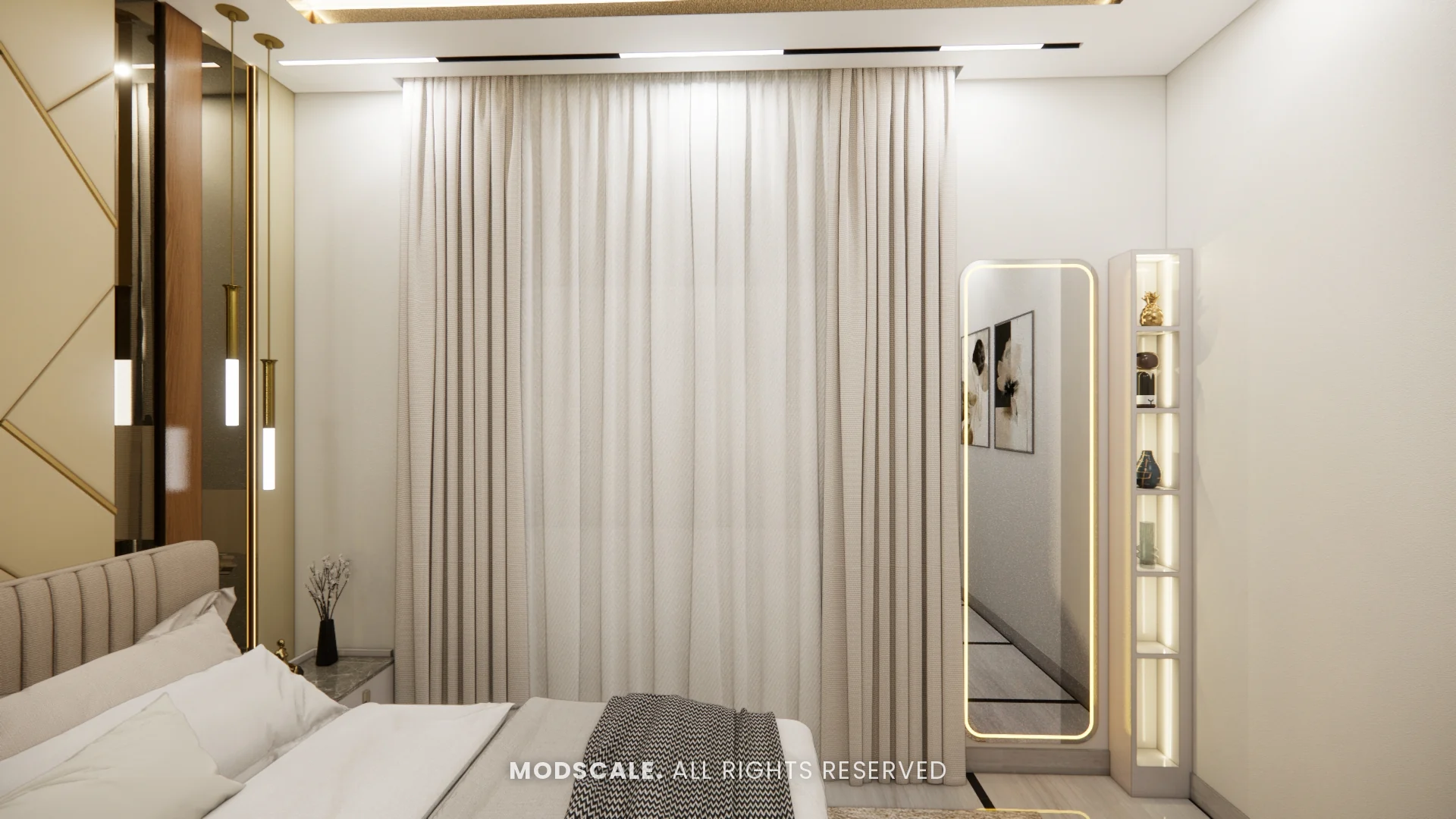 Master bedroom window wall with sheer curtains and lit mirror with display shelves, Bhaskar’s villa interior in JP Nagar, Bengaluru