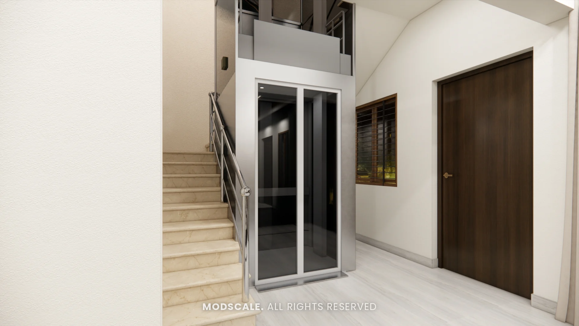 Marble staircase with steel railing beside the glass-door home lift, Bhaskar’s villa interior in JP Nagar, Bengaluru
