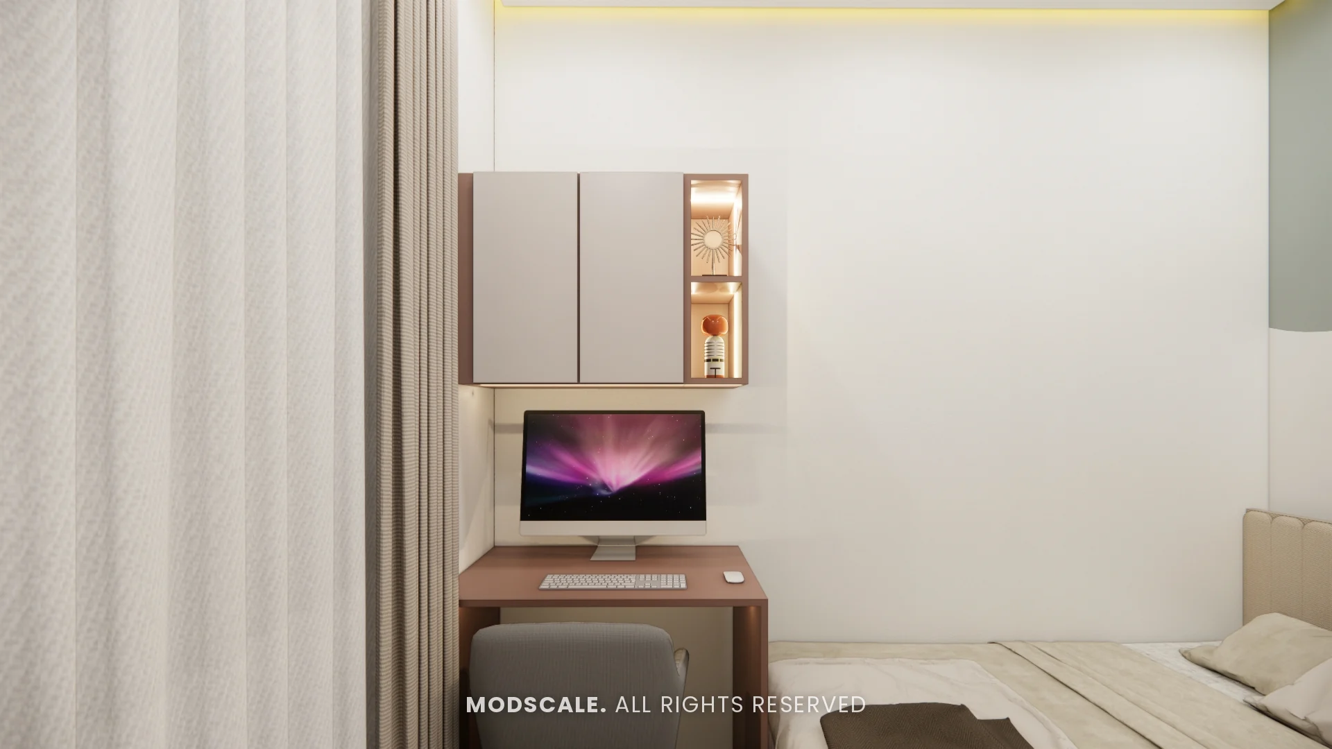 Study desk with wall cabinet and lit display niche, Bhaskar’s villa interior in JP Nagar, Bengaluru