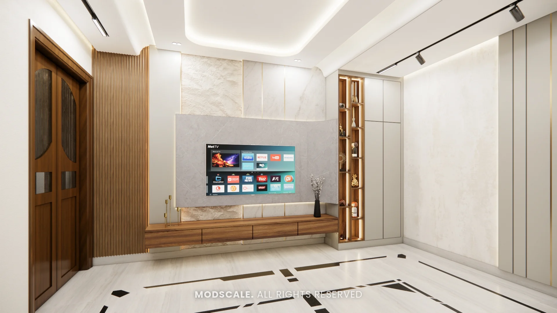 TV wall with grey stone-finish panel, walnut ledge, fluted wood panel and lit display niche, Bhaskar’s villa interior in JP Nagar, Bengaluru