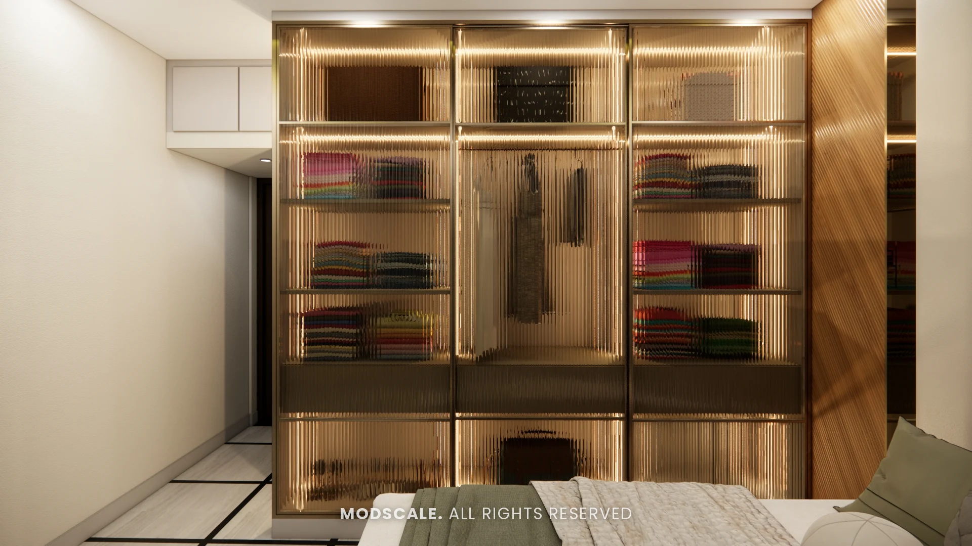 Sliding wardrobe with bronze fluted glass shutters and internal lighting, Bhaskar’s villa interior in JP Nagar, Bengaluru