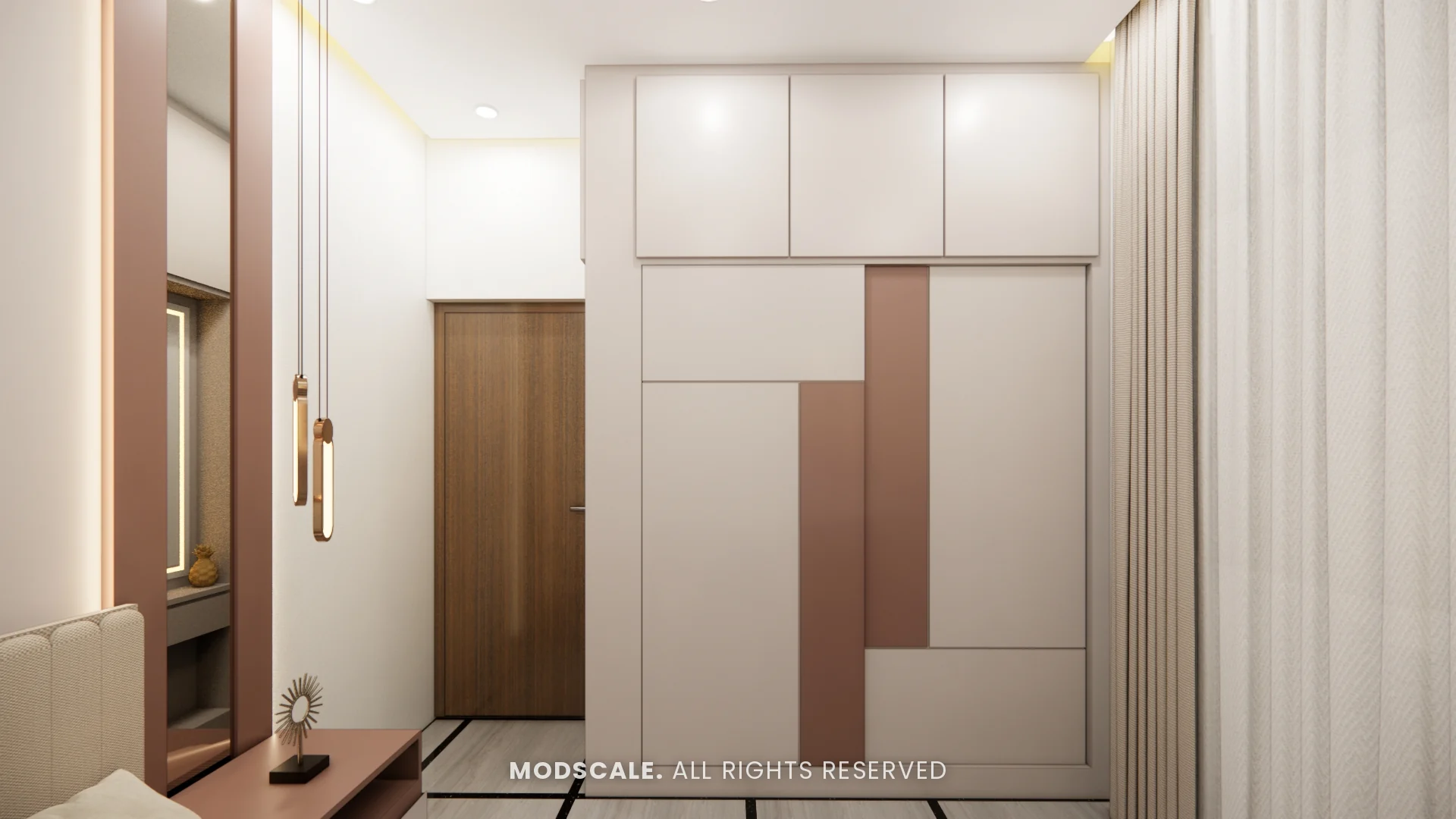 Cream wardrobe with terracotta-pink inlay panels and lofts, Bhaskar’s villa interior in JP Nagar, Bengaluru