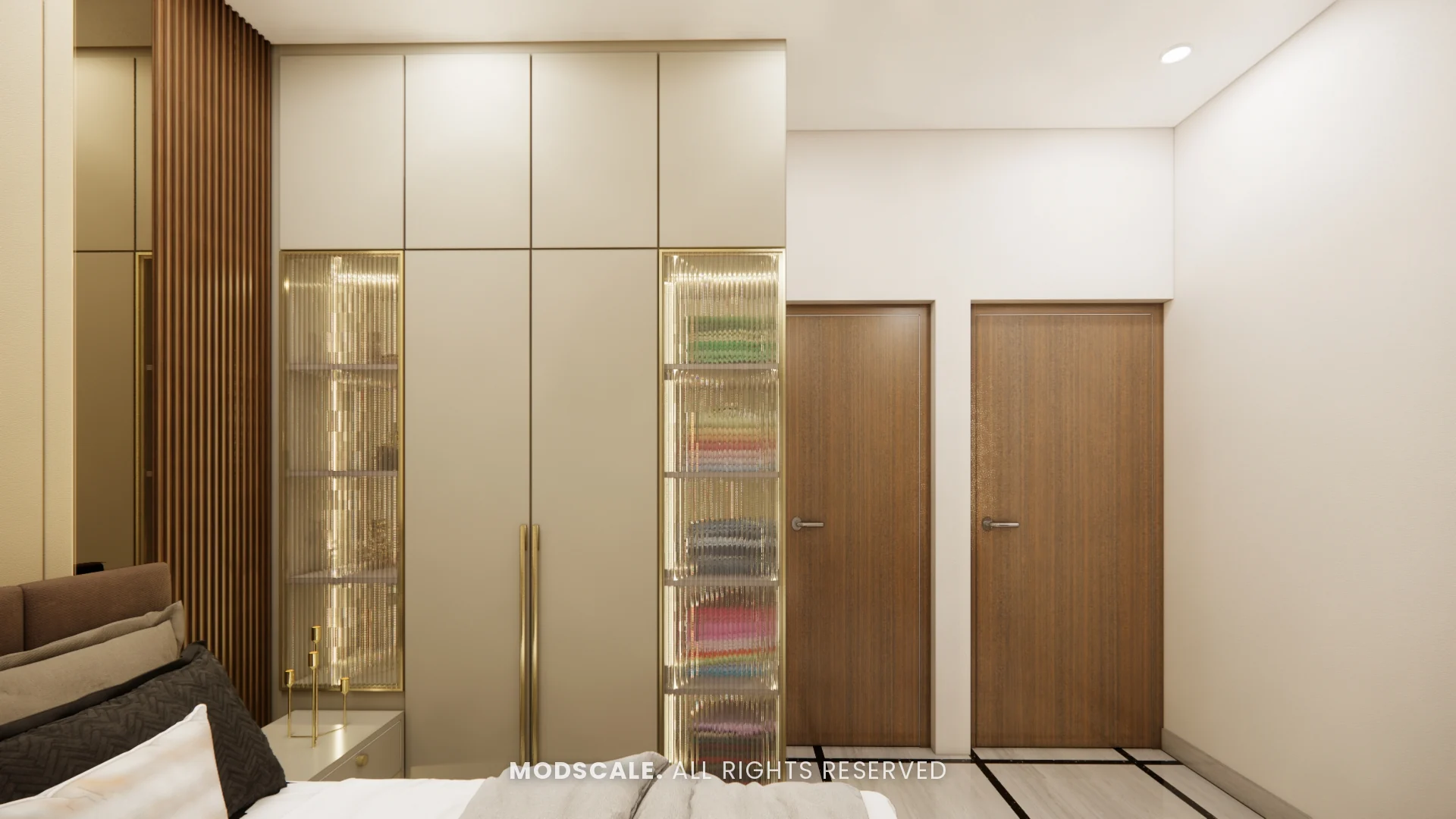 Cream wardrobe with brass handles and lit fluted glass display shutters, Bhaskar’s villa interior in JP Nagar, Bengaluru