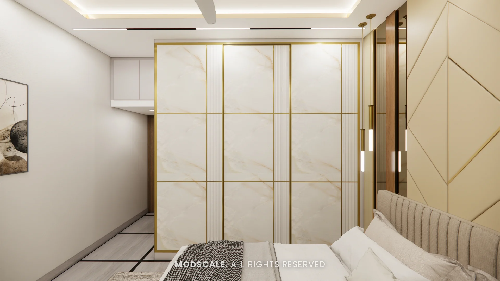 Sliding wardrobe in marble finish with brass inlay grid, Bhaskar’s villa interior in JP Nagar, Bengaluru