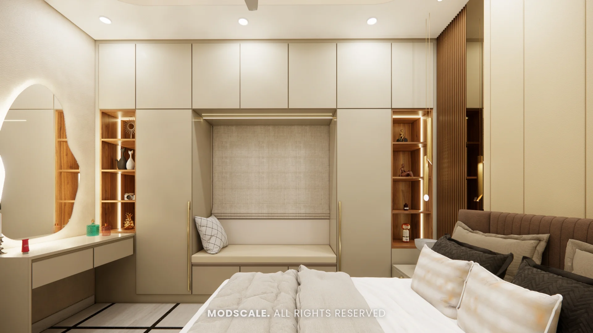 Window seat built into a wall of cream storage with lit walnut niches, Bhaskar’s villa interior in JP Nagar, Bengaluru
