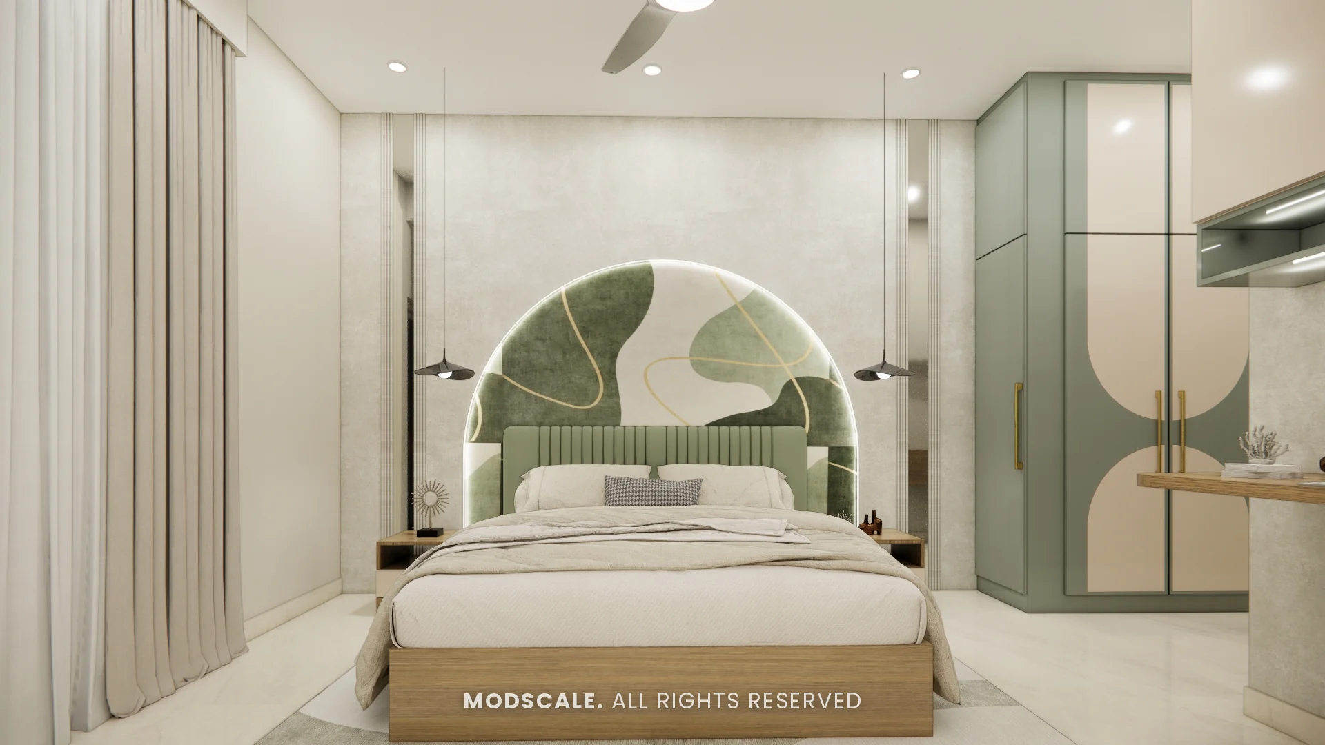 Bedroom with arched botanical headboard wall and sage green wardrobe, Chethan house interior, Sarjapur–Hosur Road