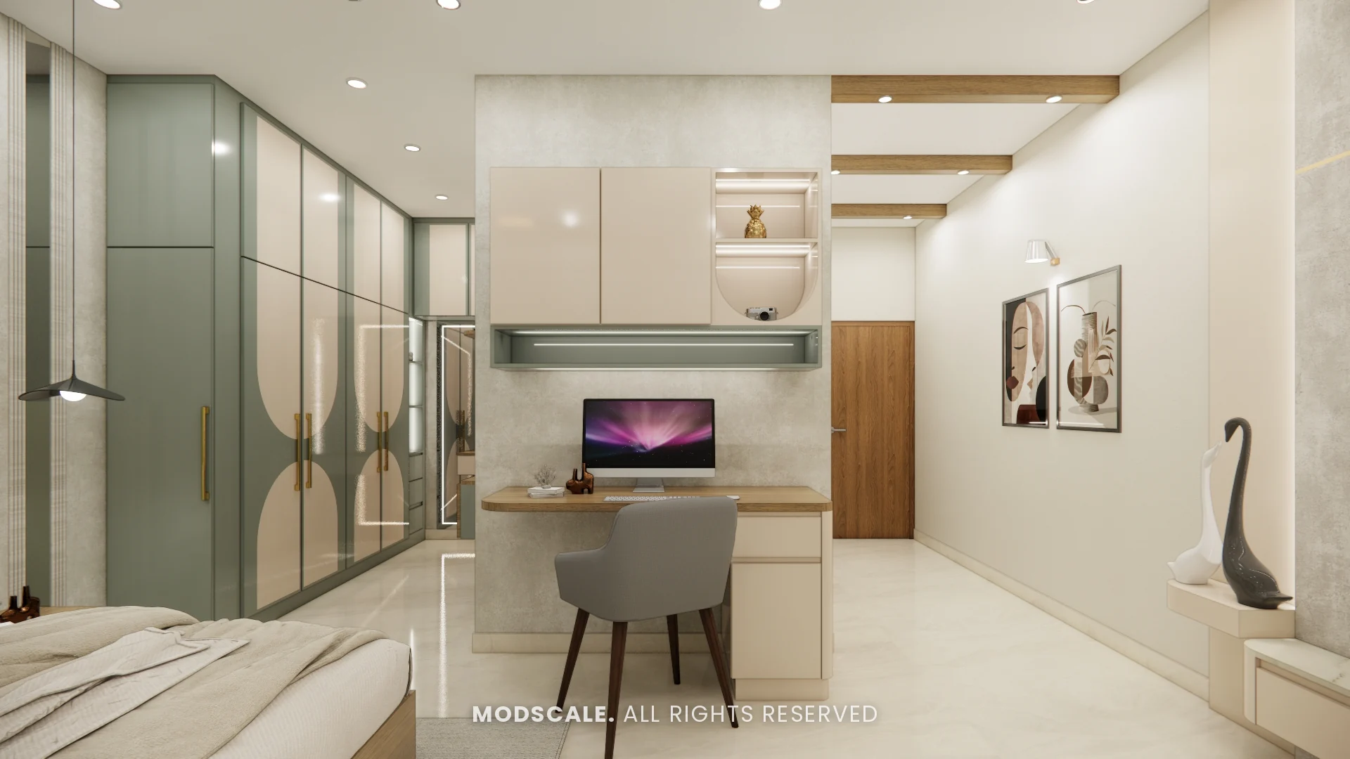 Bedroom study desk with overhead storage beside the wardrobe, Chethan house interior, Sarjapur–Hosur Road
