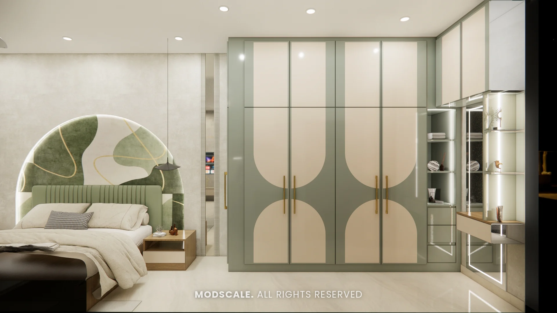 Sage green wardrobe with arched cream inlay beside the bed, Chethan house interior, Sarjapur–Hosur Road