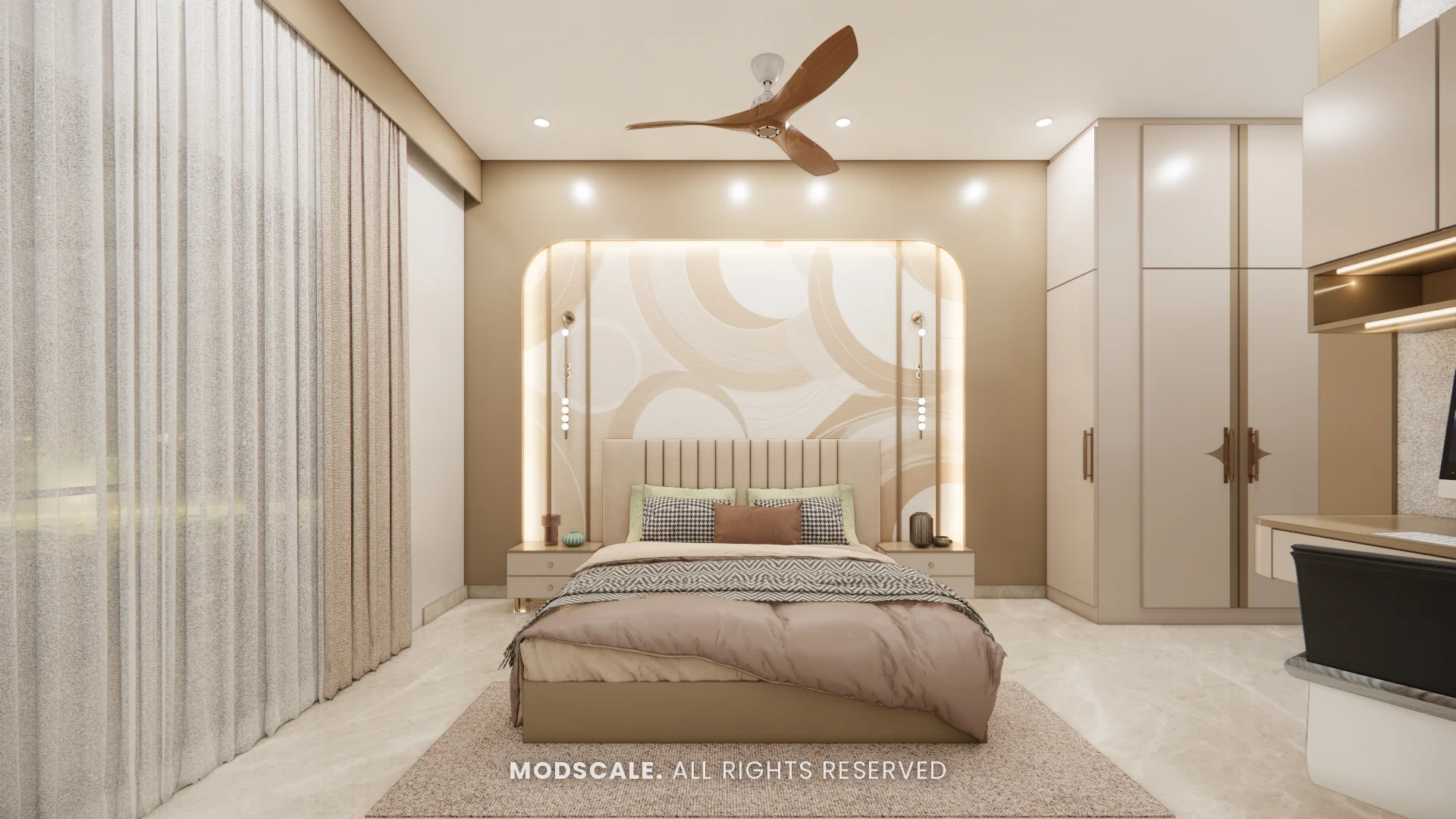 Bedroom with backlit arched headboard panel and wooden ceiling fan, Chethan house interior, Sarjapur–Hosur Road