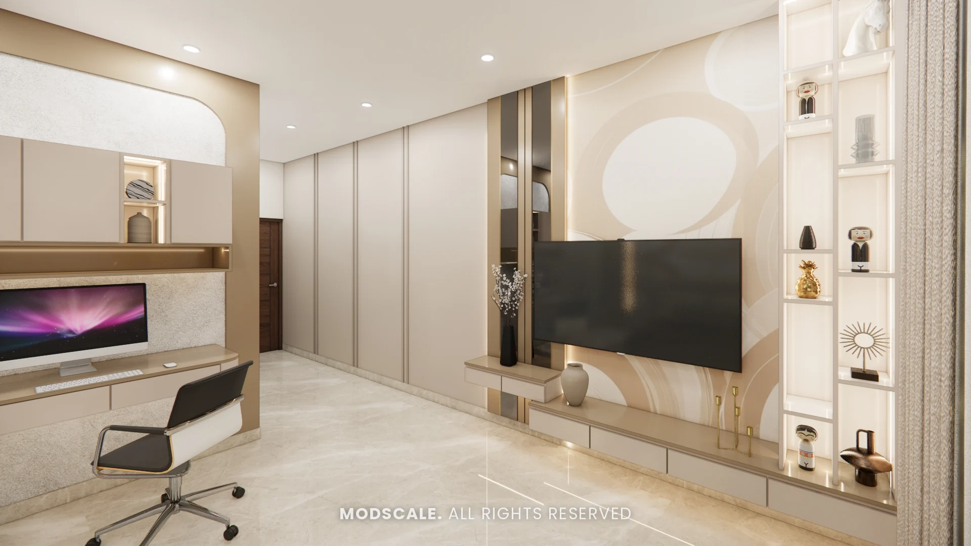 Bedroom TV unit with circular backlit panel and display shelves, Chethan house interior, Sarjapur–Hosur Road