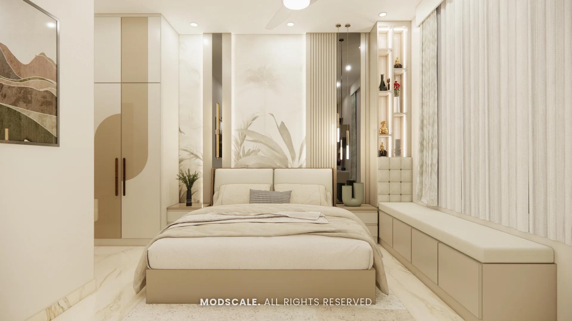 Bedroom with upholstered bed, window seat and wall mural, Chethan house interior, Sarjapur–Hosur Road