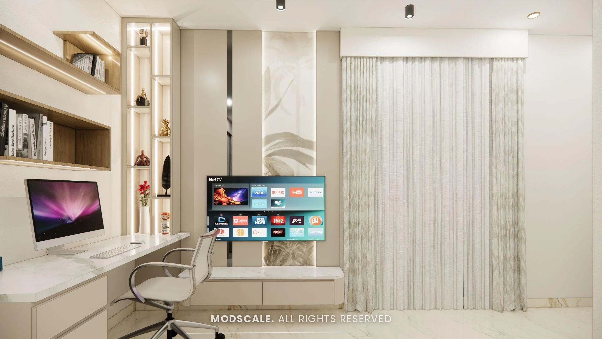 Bedroom study wall with open bookshelves and wall-mounted TV, Chethan house interior, Sarjapur–Hosur Road