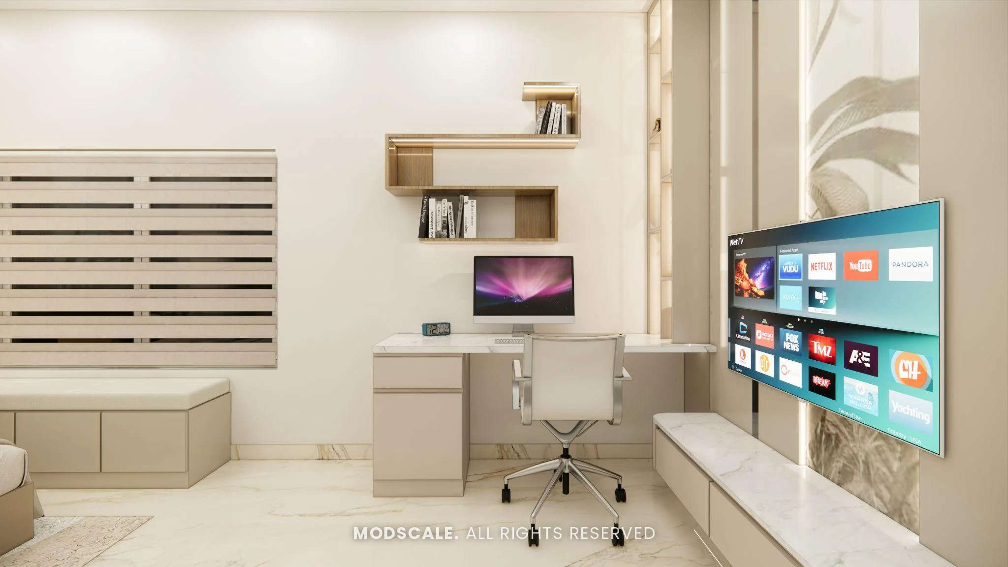 Compact study desk with wall shelves beside the window seat, Chethan house interior, Sarjapur–Hosur Road